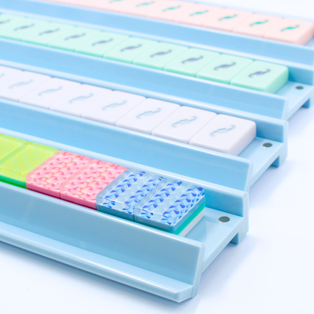 Mahjong Racks in blue made of Premium Acrylic with colorful mahjongg tiles shown