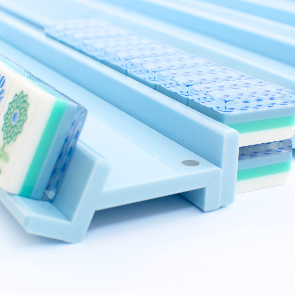 Mahjong Racks in Blue made from premium Acrylic with colorful mahjongg tiles shown