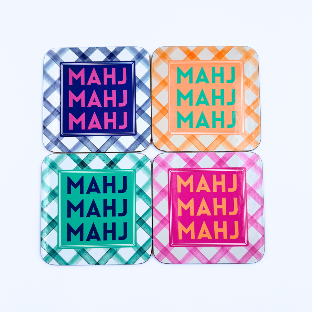 Mahjong Coasters, 4 Set | Gift or Prize | Green, Pink, Blue, Orange