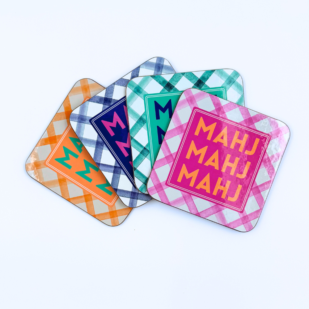 Mahjong Coasters, 4 Set | Gift or Prize | Green, Pink, Blue, Orange