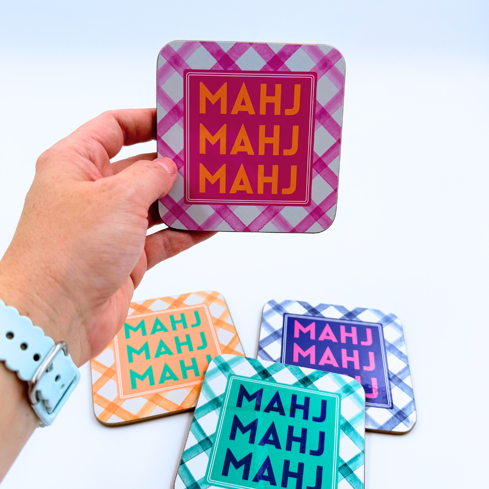 Mahjong Coasters, 4 Set | Gift or Prize | Green, Pink, Blue, Orange