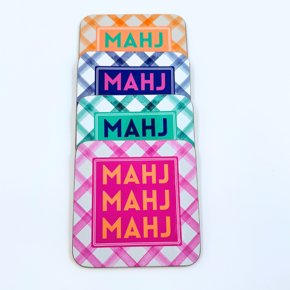 Mahjong Coasters, 4 Set | Gift or Prize | Green, Pink, Blue, Orange