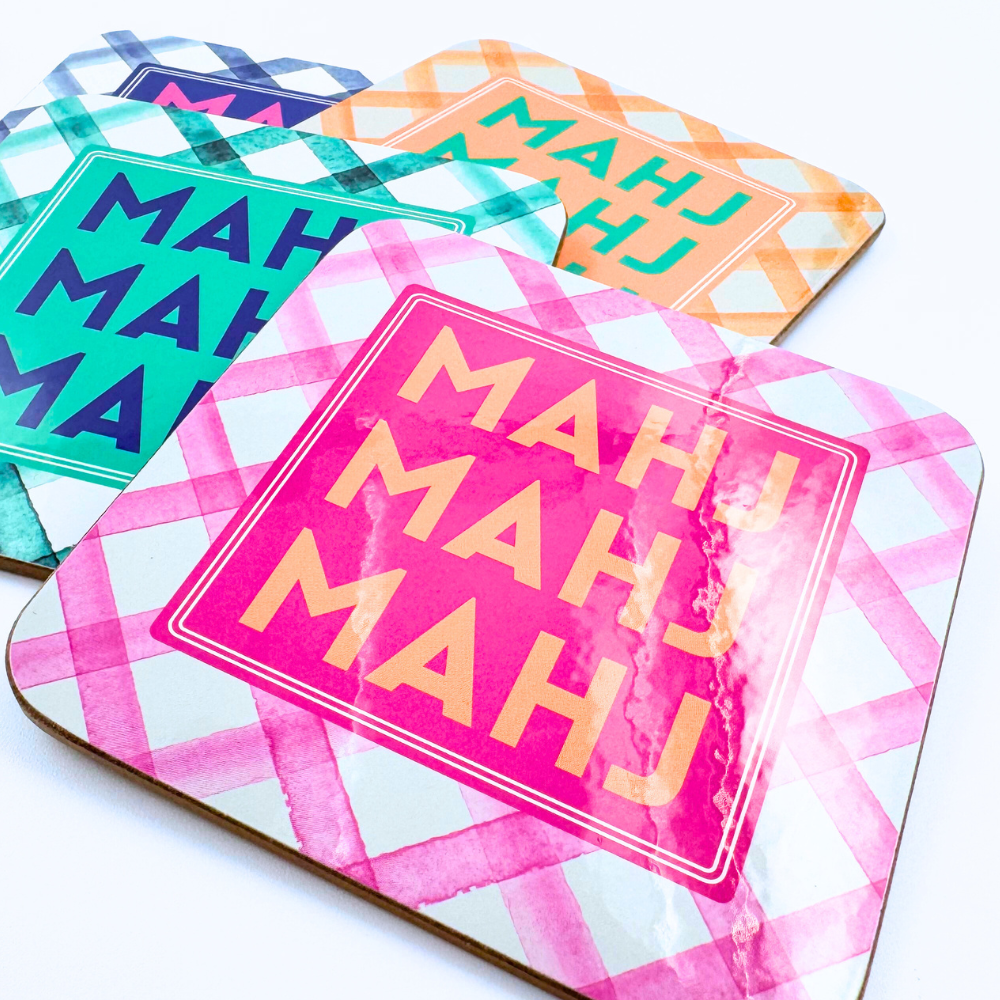 Mahjong Coasters, 4 Set | Gift or Prize | Green, Pink, Blue, Orange