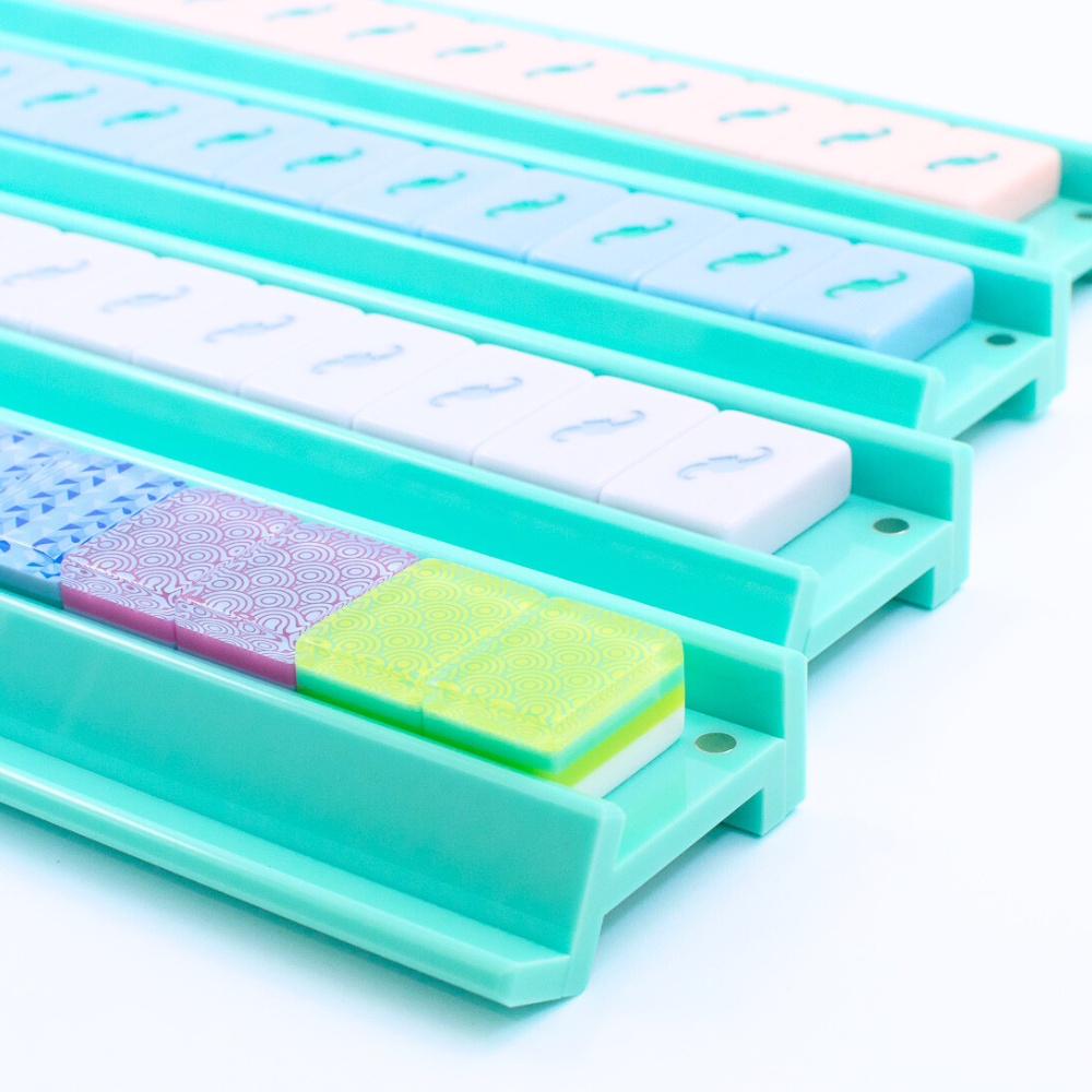 Mahjong Racks in Green and made of Premium Acrylic with colorful mahjongg tiles shown