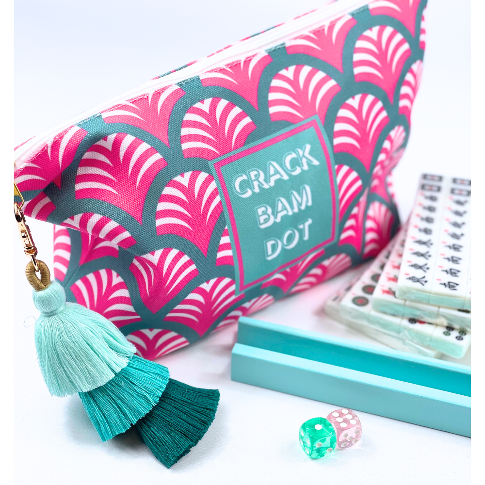 Mahjong Traditional Mini American Series Travel American Mahjongg Tile Set of 166 melamine white tiles, bright pink and teal bag, custom instruction and tips card, 2 colorful dice and green and pink tassel keychain