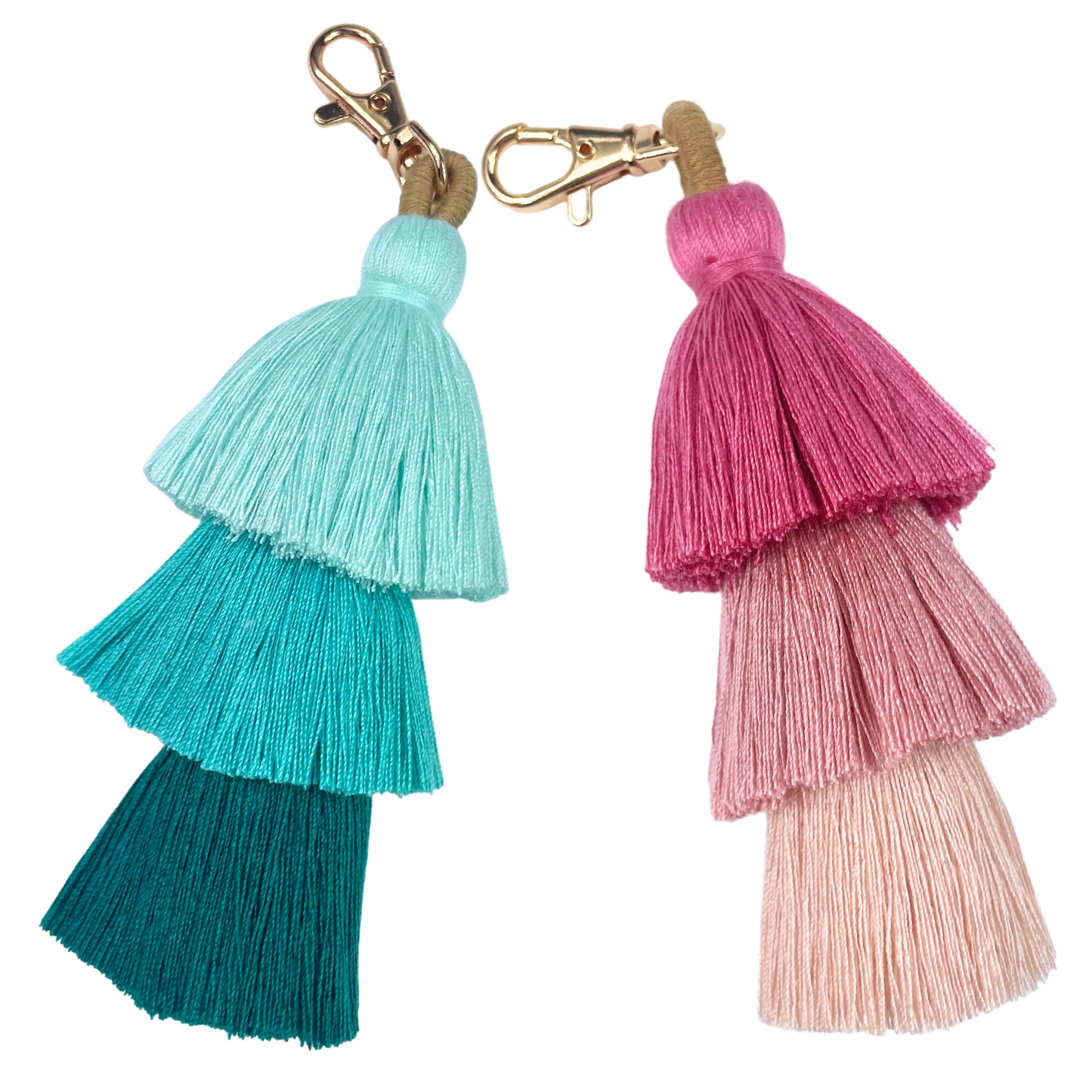 Green and Pink Tile Bag Tassle- Key Chain with Three shades of Green- Aqua, Turquoise, Teal Mahjong g Tile Carrying Bag Accessory