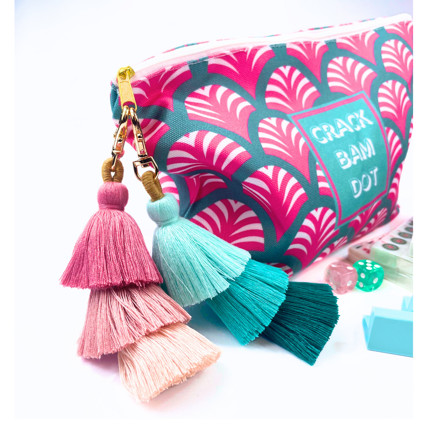 Green and Pink Tile Bag Tassle- Key Chain with Three shades of Green- Aqua, Turquoise, Teal Mahjong g Tile Carrying Bag Accessory