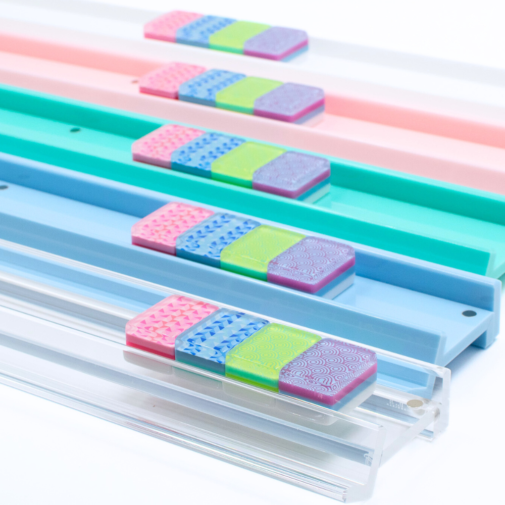Mahjong Racks in Bright Colors of Premium Acrylic with colorful mahjongg tiles shown