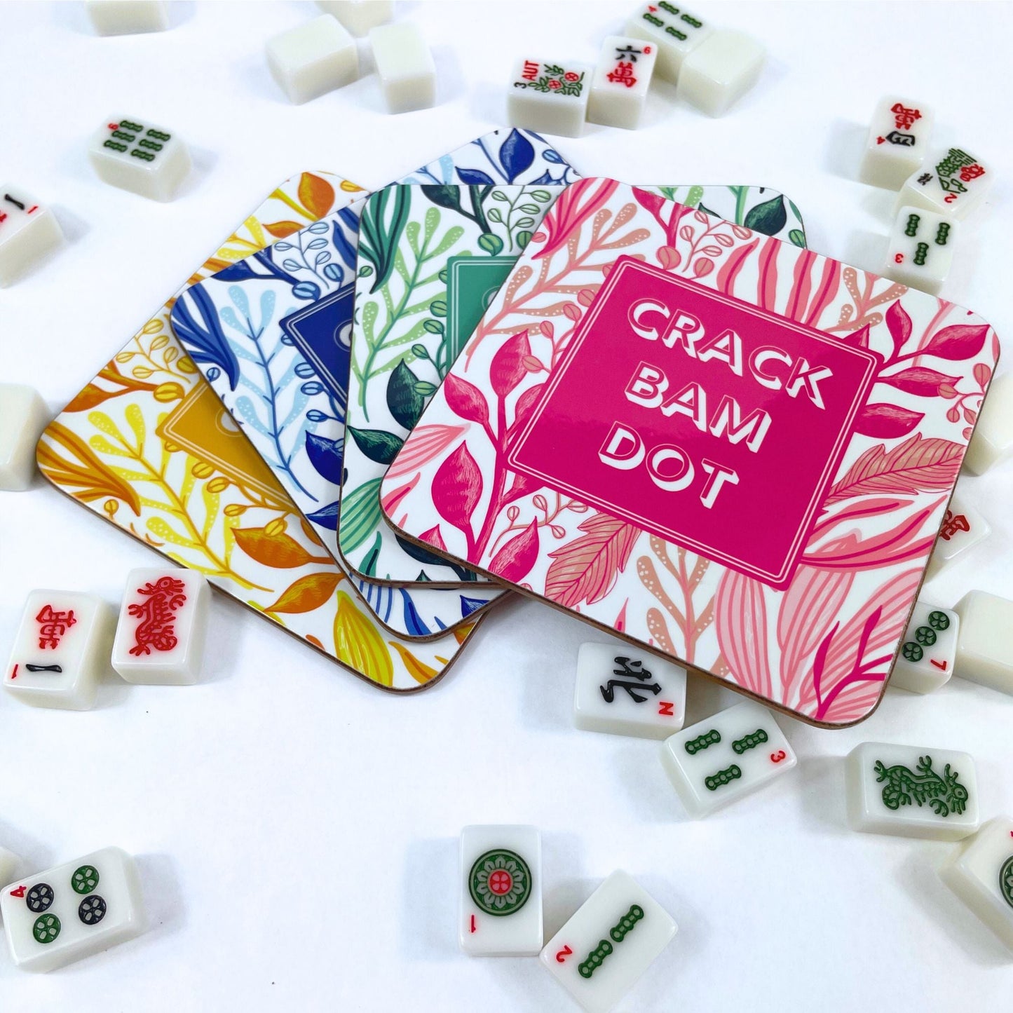 Mahjong Coasters Set of 4 - Mahjongg Gift for Mah-Jongg Players Games Tournaments or any occasion - Protect your Mah Jongg tiles table and mat from drinks and cups - Vibrant Colorful Blue Yellow Green Pink