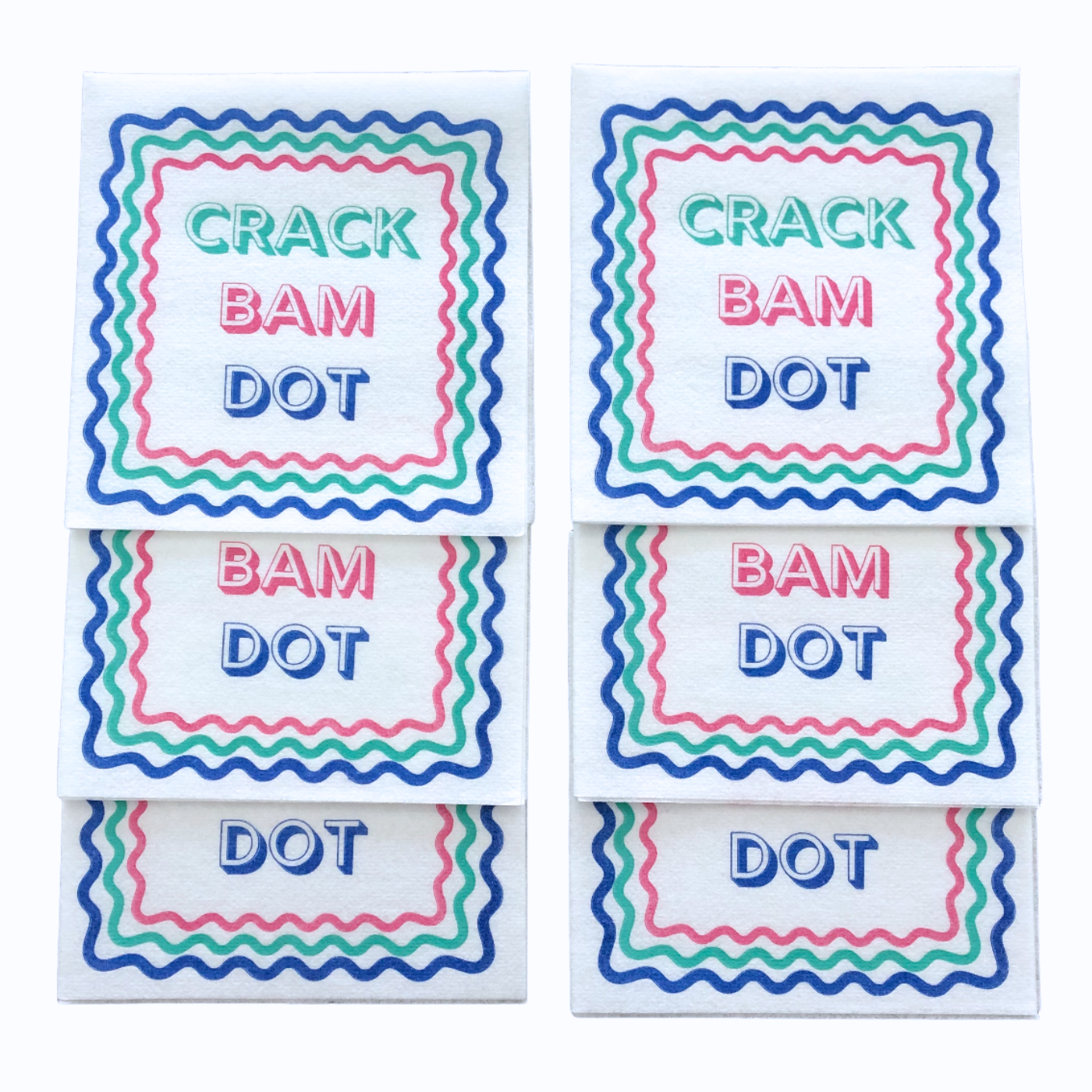 Colorful Unique Mahjong cocktail napkins- set of 50- with pink green and blue words Crack Bam Dot - airlaid technology - luxury eco friendly disposable napkins for Mah Jongg parties tournaments game night or mahjongg gift.