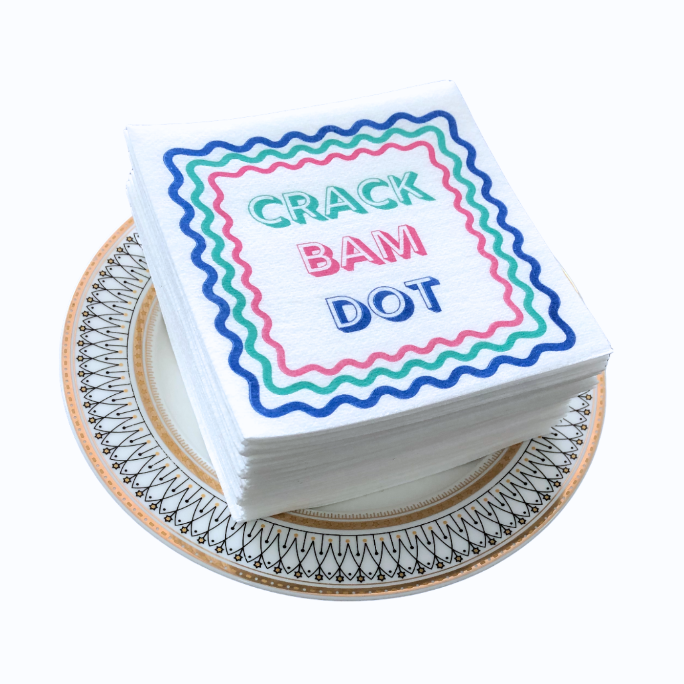 Colorful Unique Mahjong cocktail napkins- set of 50- with pink green and blue words Crack Bam Dot - airlaid technology - luxury eco friendly disposable napkins for Mah Jongg parties tournaments game night or mahjongg gift.