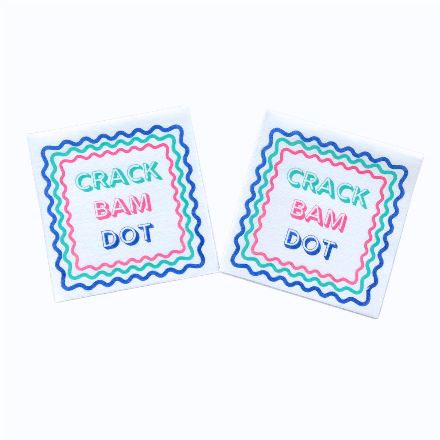 Colorful Unique Mahjong cocktail napkins- set of 50- with pink green and blue words Crack Bam Dot - airlaid technology - luxury eco friendly disposable napkins for Mah Jongg parties tournaments game night or mahjongg gift.