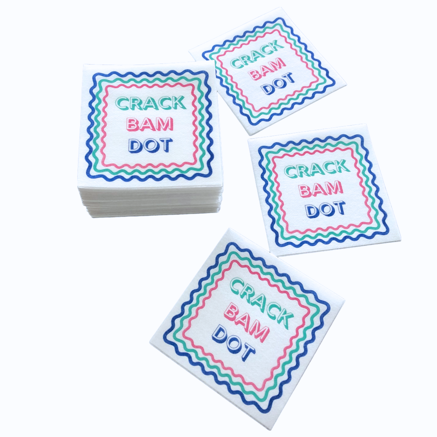 Colorful Unique Mahjong cocktail napkins- set of 50- with pink green and blue words Crack Bam Dot - airlaid technology - luxury eco friendly disposable napkins for Mah Jongg parties tournaments game night or mahjongg gift.
