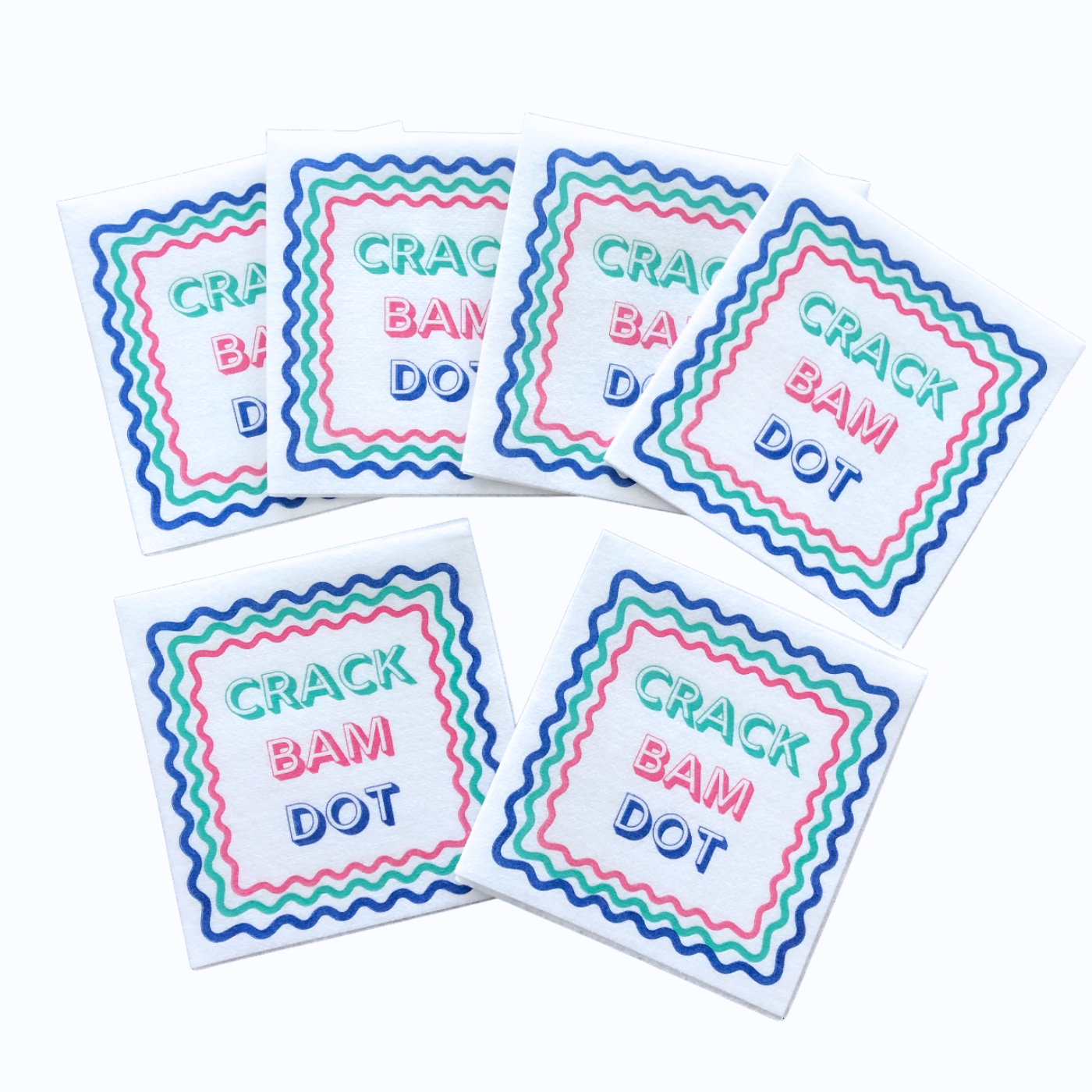 Colorful Unique Mahjong cocktail napkins- set of 50- with pink green and blue words Crack Bam Dot - airlaid technology - luxury eco friendly disposable napkins for Mah Jongg parties tournaments game night or mahjongg gift.
