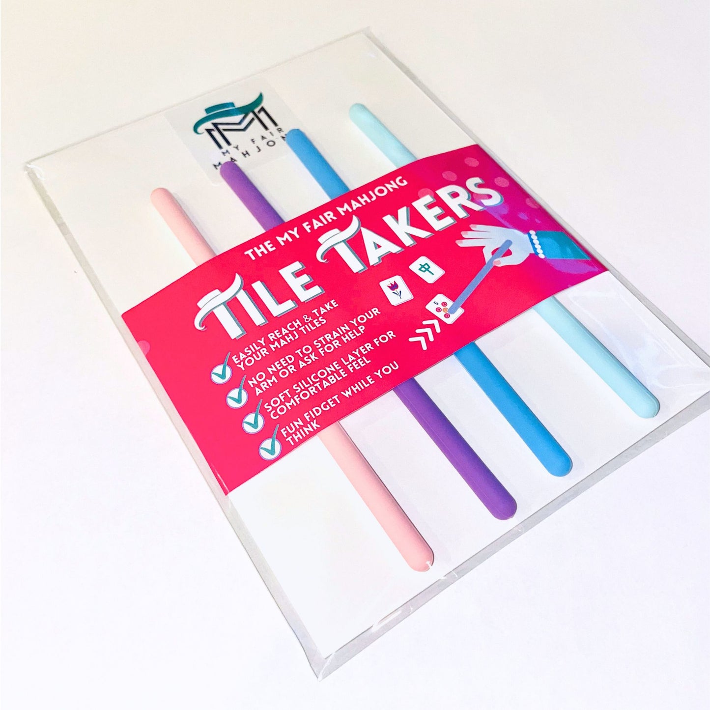 Mahjong Tile Takers. Novelty Mahjongg gift to reach and pull Mah Jongg tiles. 4 bright colors, fun gift present favor or prize for party or tournament