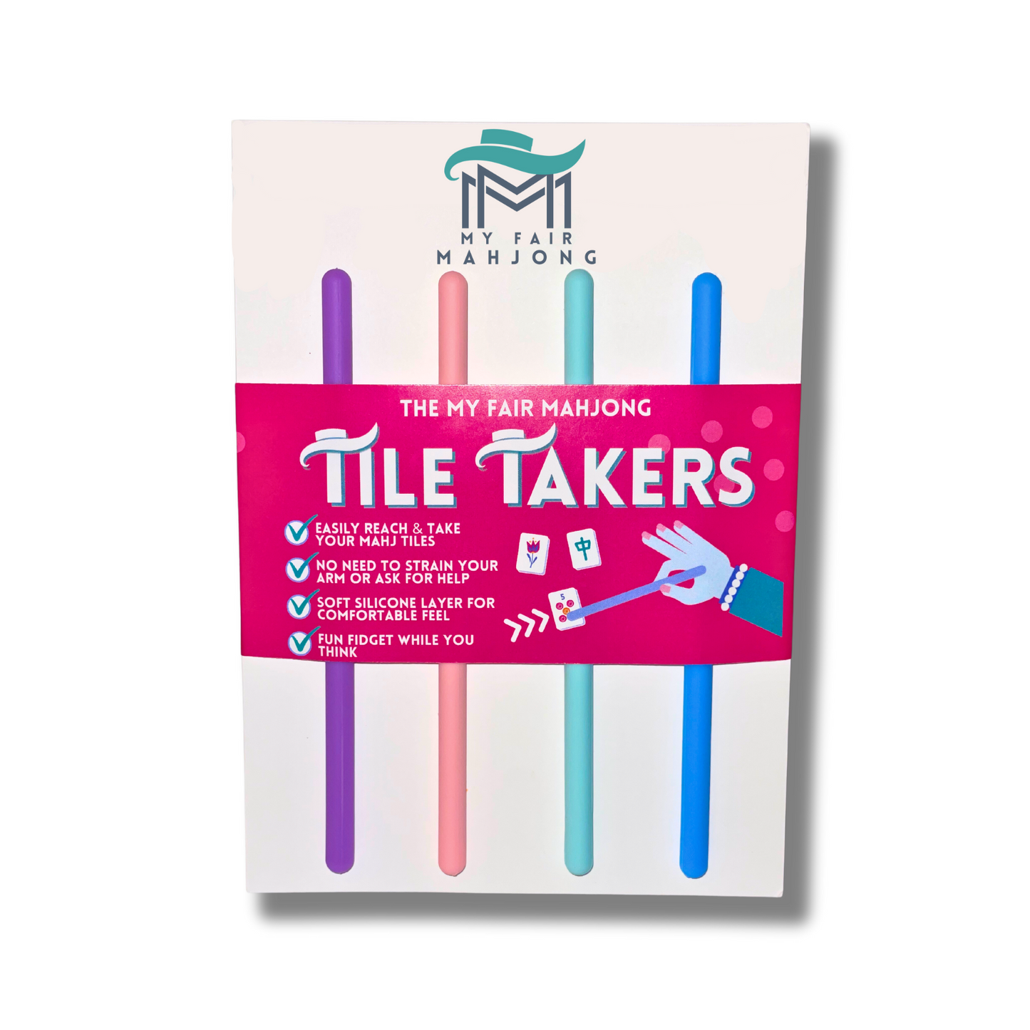 Mahjong Tile Takers. Novelty Mahjongg gift to reach and pull Mah Jongg tiles. 4 bright colors, fun gift present favor or prize for party or tournament
