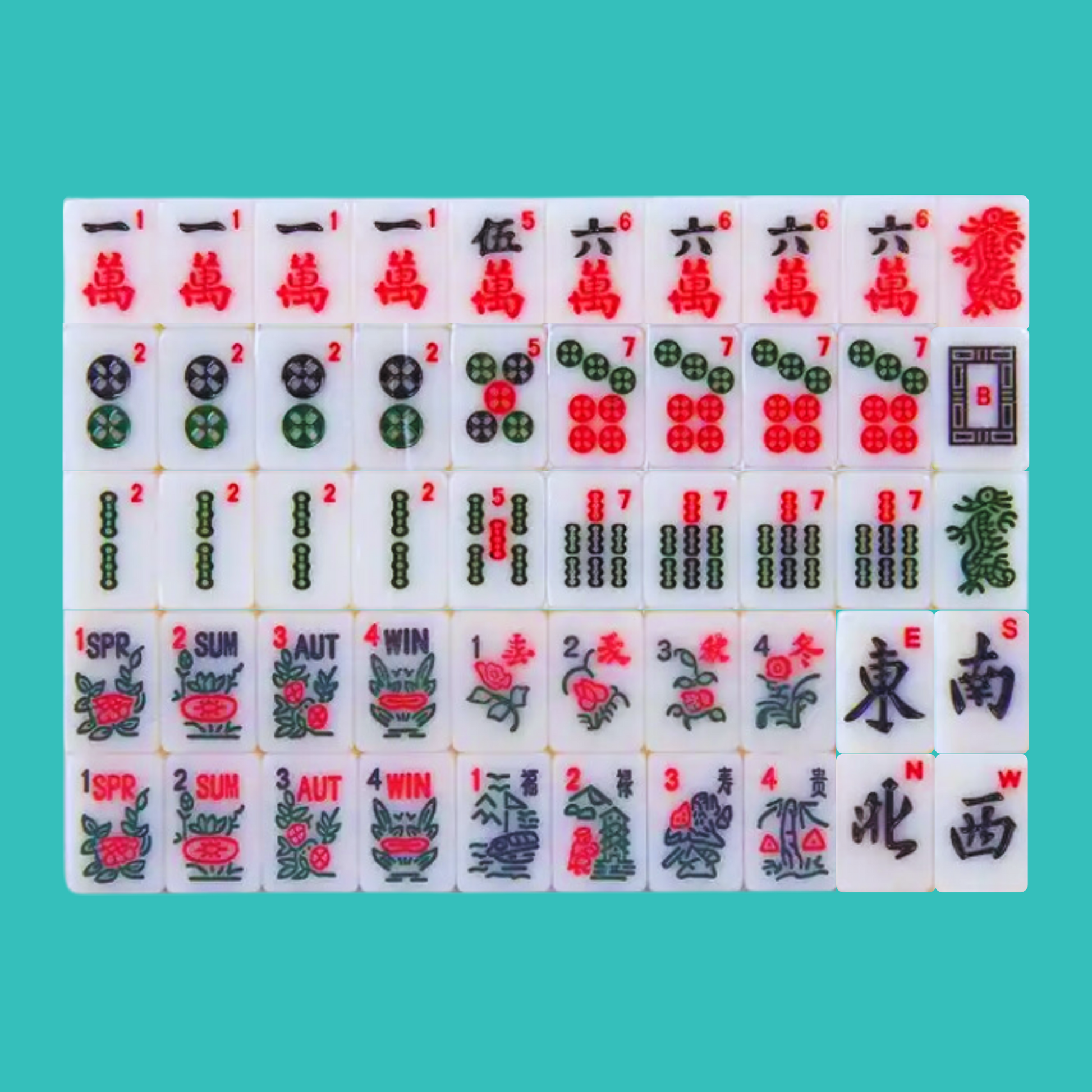 Mahjong Traditional Mini American Series Travel American Mahjongg Tile Set of 166 melamine white tiles, bright pink and teal bag, custom instruction and tips card, 2 colorful dice