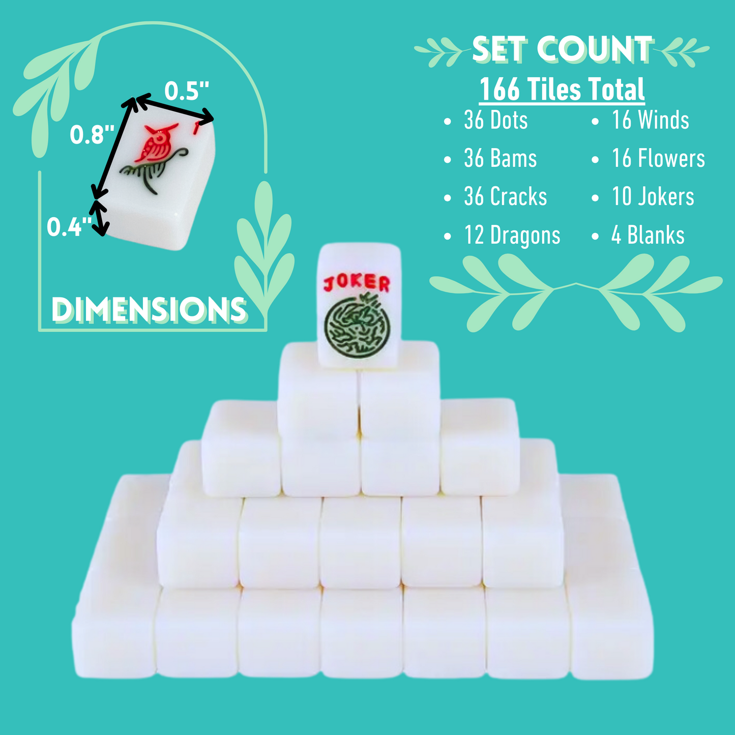 Mahjong Traditional Mini American Series Travel American Mahjongg Tile Set of 166 melamine white tiles, bright pink and teal bag, custom instruction and tips card, 2 colorful dice- dimensions .8 x .5 x .4 inch small tiles
