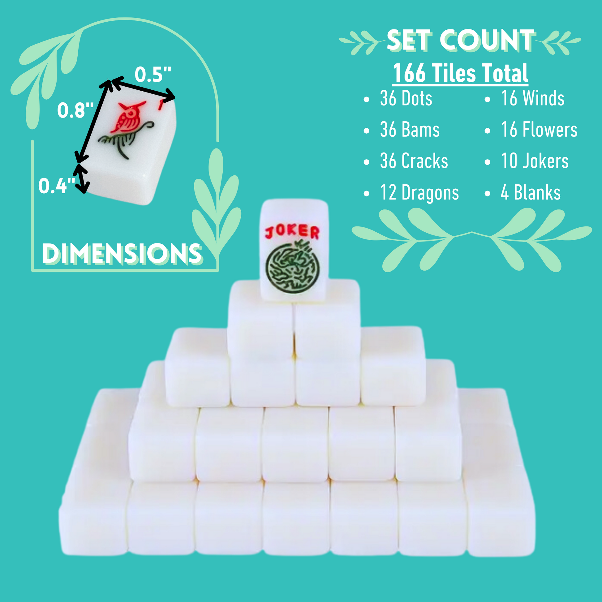 Mahjong Traditional Mini American Series Travel American Mahjongg Tile Set of 166 melamine white tiles, bright pink and teal bag, custom instruction and tips card, 2 colorful dice- dimensions .8 x .5 x .4 inch small tiles