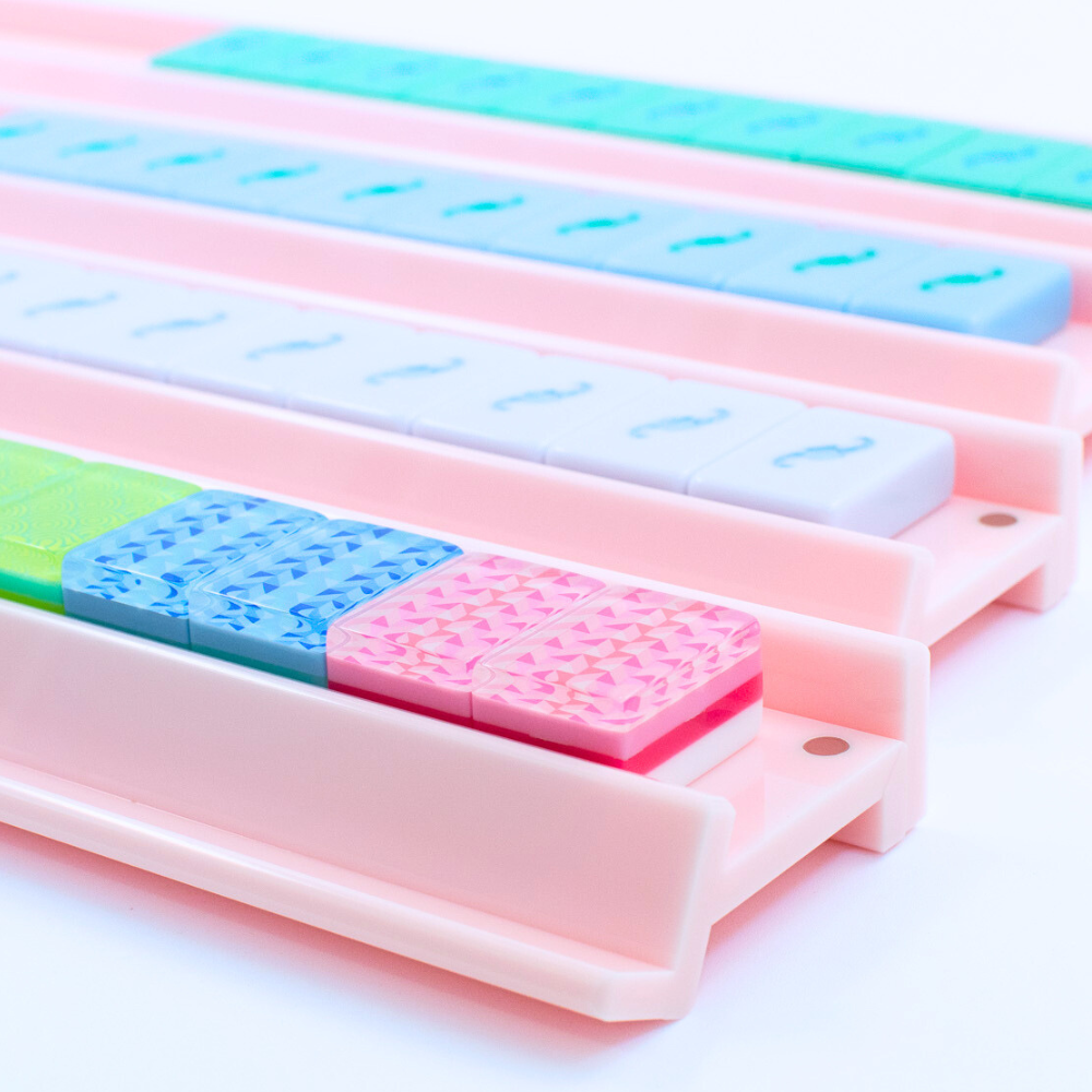 Mahjong Racks in Pink of Premium Acrylic with colorful mahjongg tiles shown