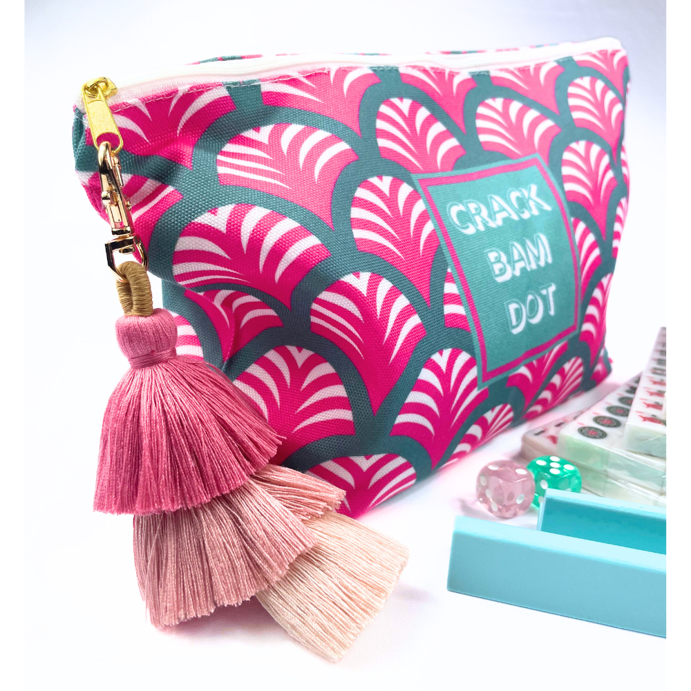 Mahjong Traditional Mini American Series Travel American Mahjongg Tile Set of 166 melamine white tiles, bright pink and teal bag, custom instruction and tips card, 2 colorful dice and green and pink tassel keychain