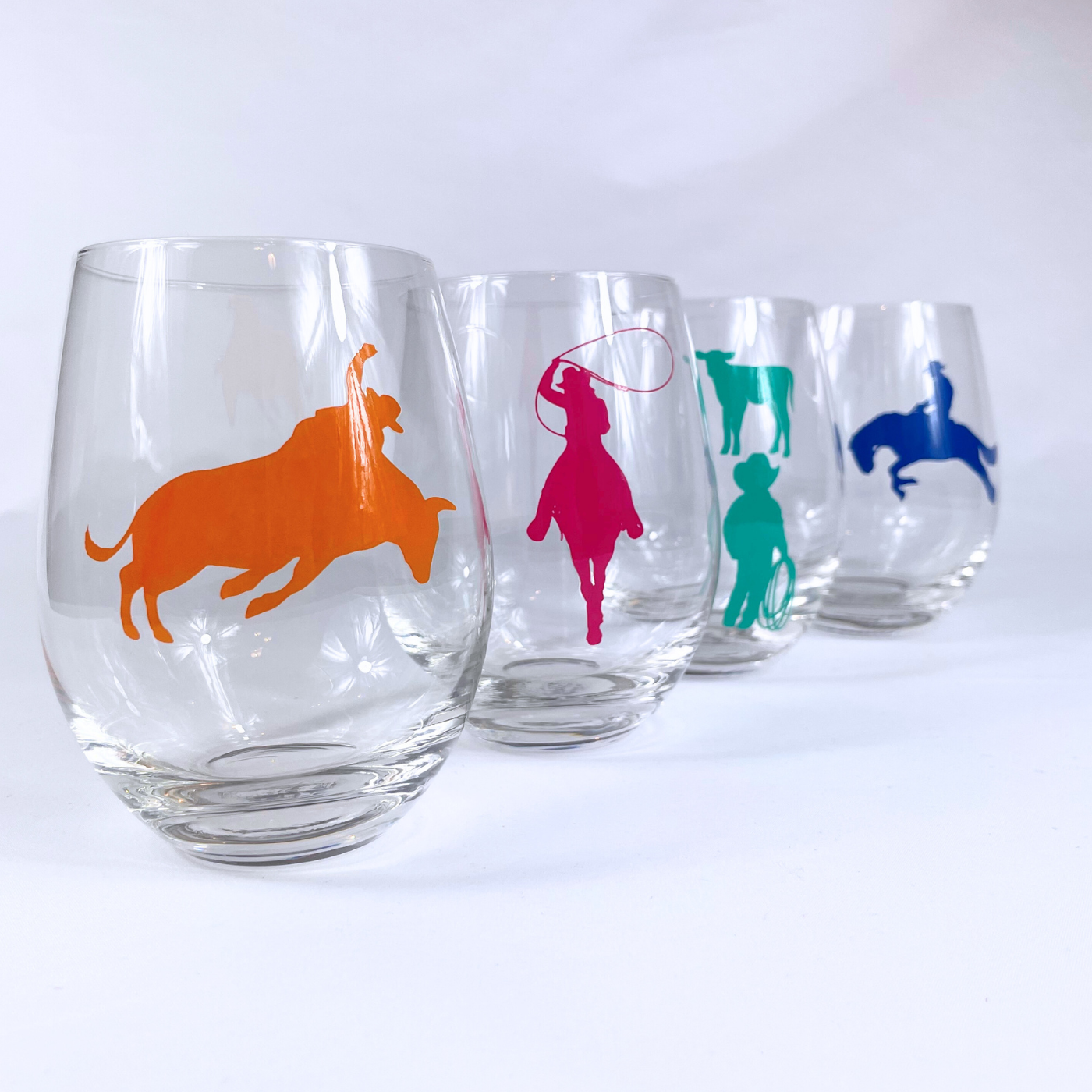 Rodeo Cowgirl Cowboy Stemless Wine Glasses (18oz) | Set of 4 | Great Cocktail Gift for Game Nights, Parties, Anytime!