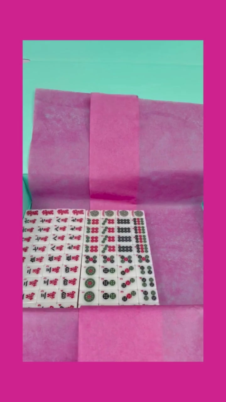 Mahjong Traditional Mini American Series Travel American Mahjongg Tile Set of 166 melamine white tiles, bright pink and teal bag, custom instruction and tips card, 2 colorful dice