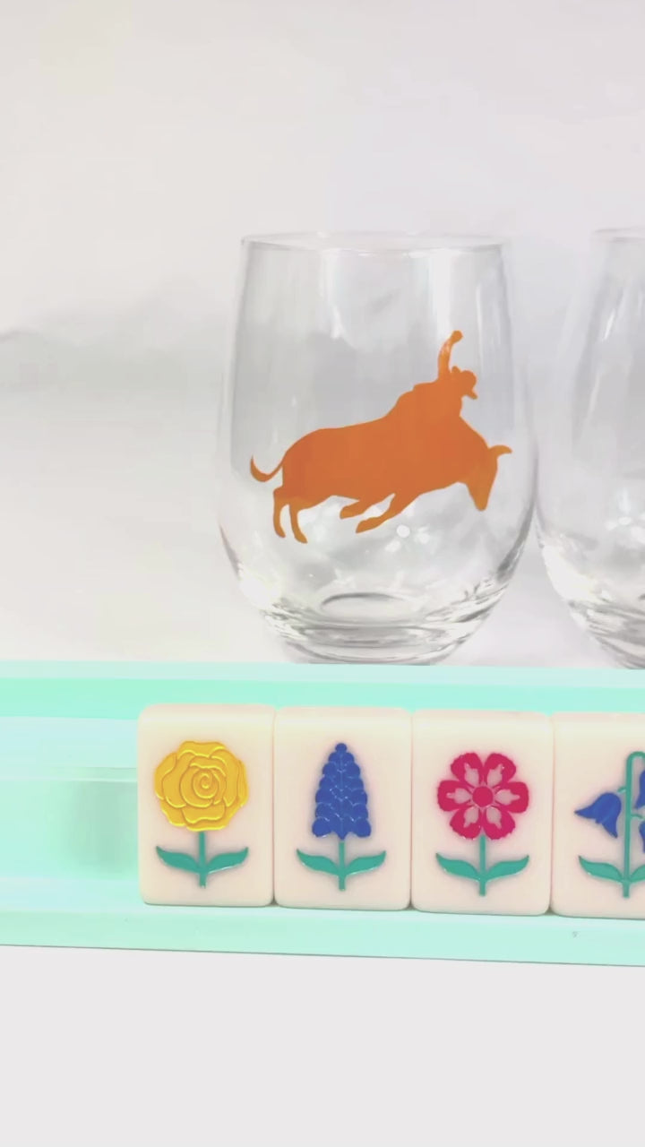 Rodeo Cowgirl Cowboy Wine Glass Set of 4 - Mahjong Texas match  - Texas bull horses calf mustang