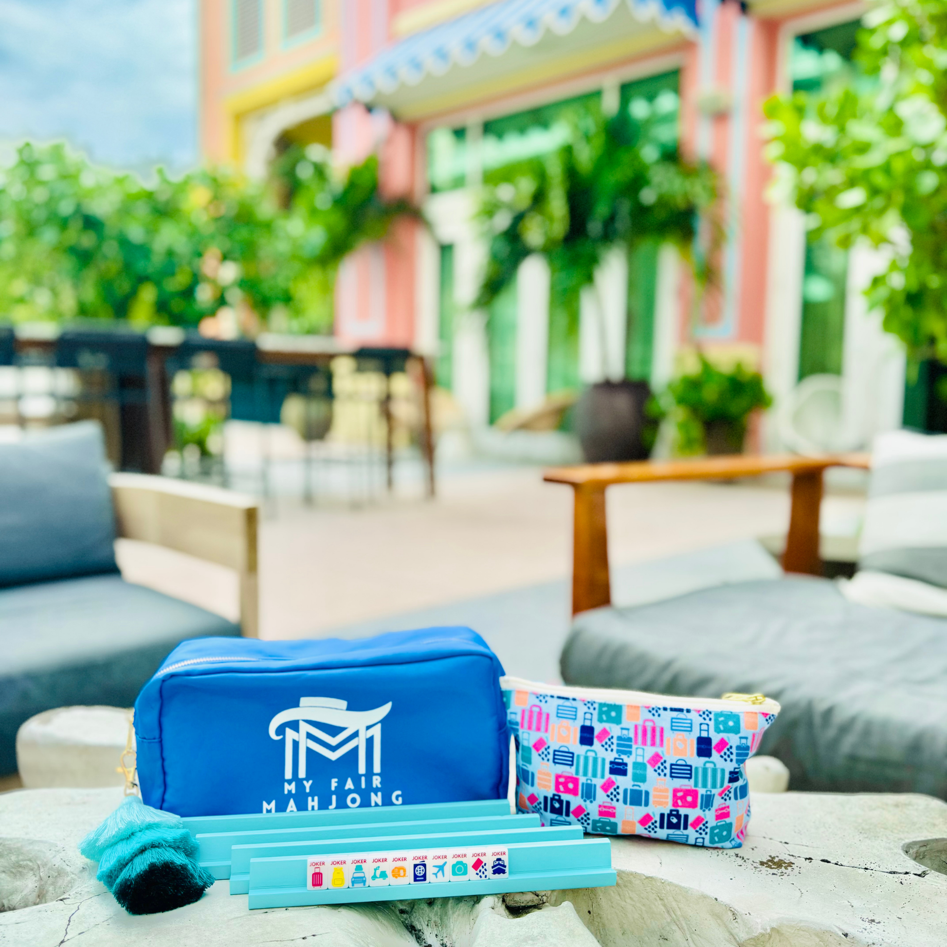 Mini Anywhere Series Mahjong Tiles for Travel MahJongg with Blue Bag Pink Box Green Tassel modern Tiny Tile set