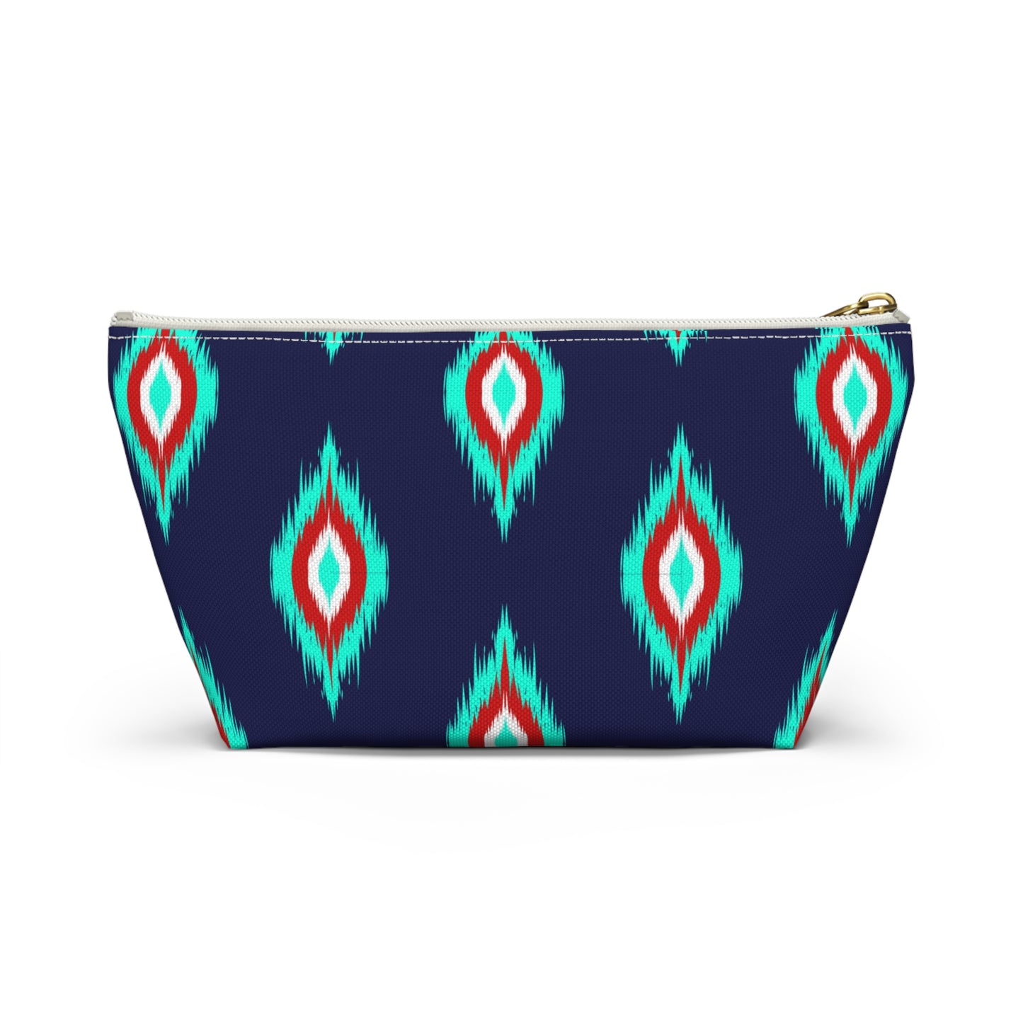 Mahjong Tile & Accessory Bag (T-bottom). Unique Colorful Mahjongg Accessory Pouch Large Enough for Tile Sets. Navy and Red IKAT Pattern.