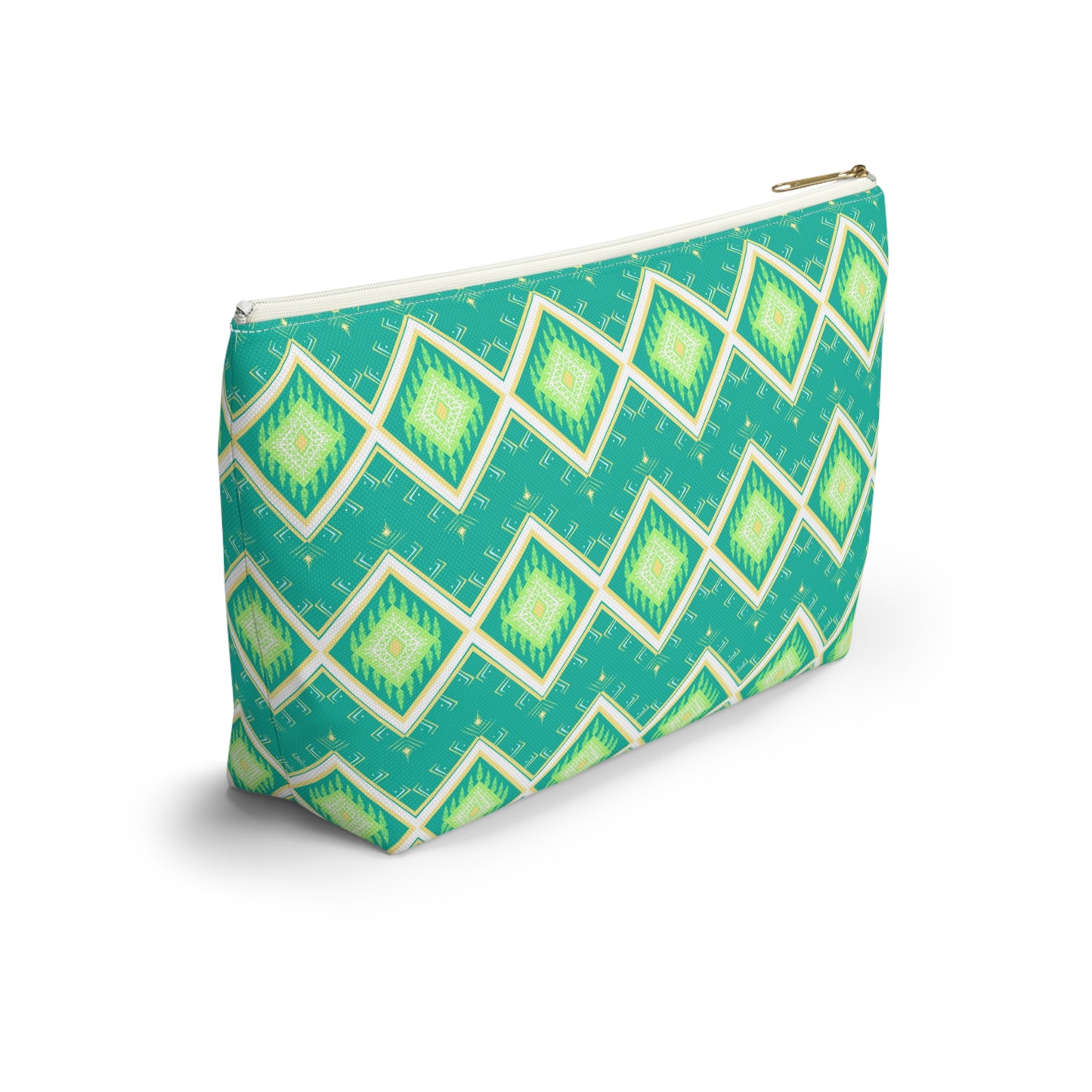 Mahjong Tile & Accessory Bag (T-bottom). Unique Colorful Mahjongg Accessory Pouch Large Enough for Tile Sets. Light Green Tribal Pattern.