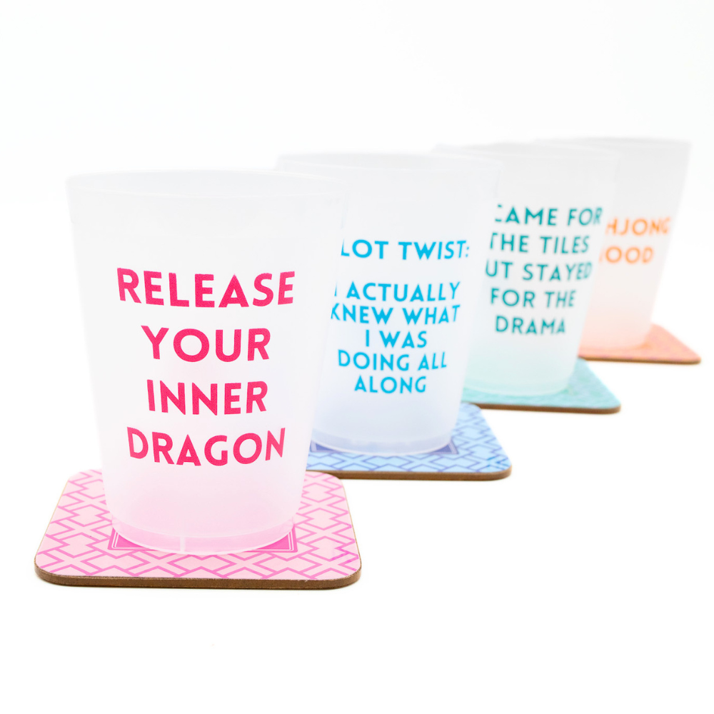 Mahjong Coasters, 4 Set  | Gift or Prize | Green, Pink, Blue, Orange