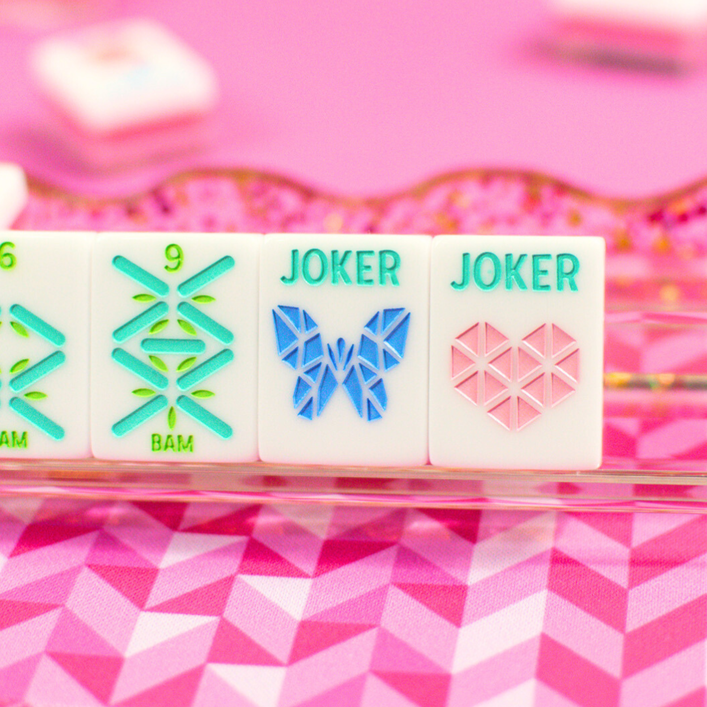 (BACK-ORDER) Crystal Prism Pink | Mahjong with Bold Angles and Vibrant Vibes | Clear Top with Colorful Pattern and Layers