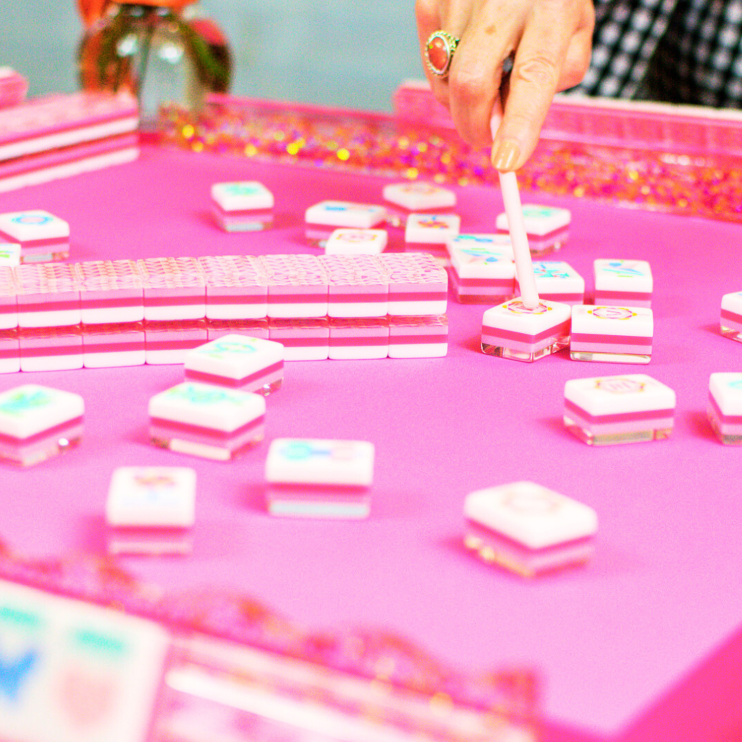 (BACK-ORDER) Crystal Prism Pink | Mahjong with Bold Angles and Vibrant Vibes | Clear Top with Colorful Pattern and Layers