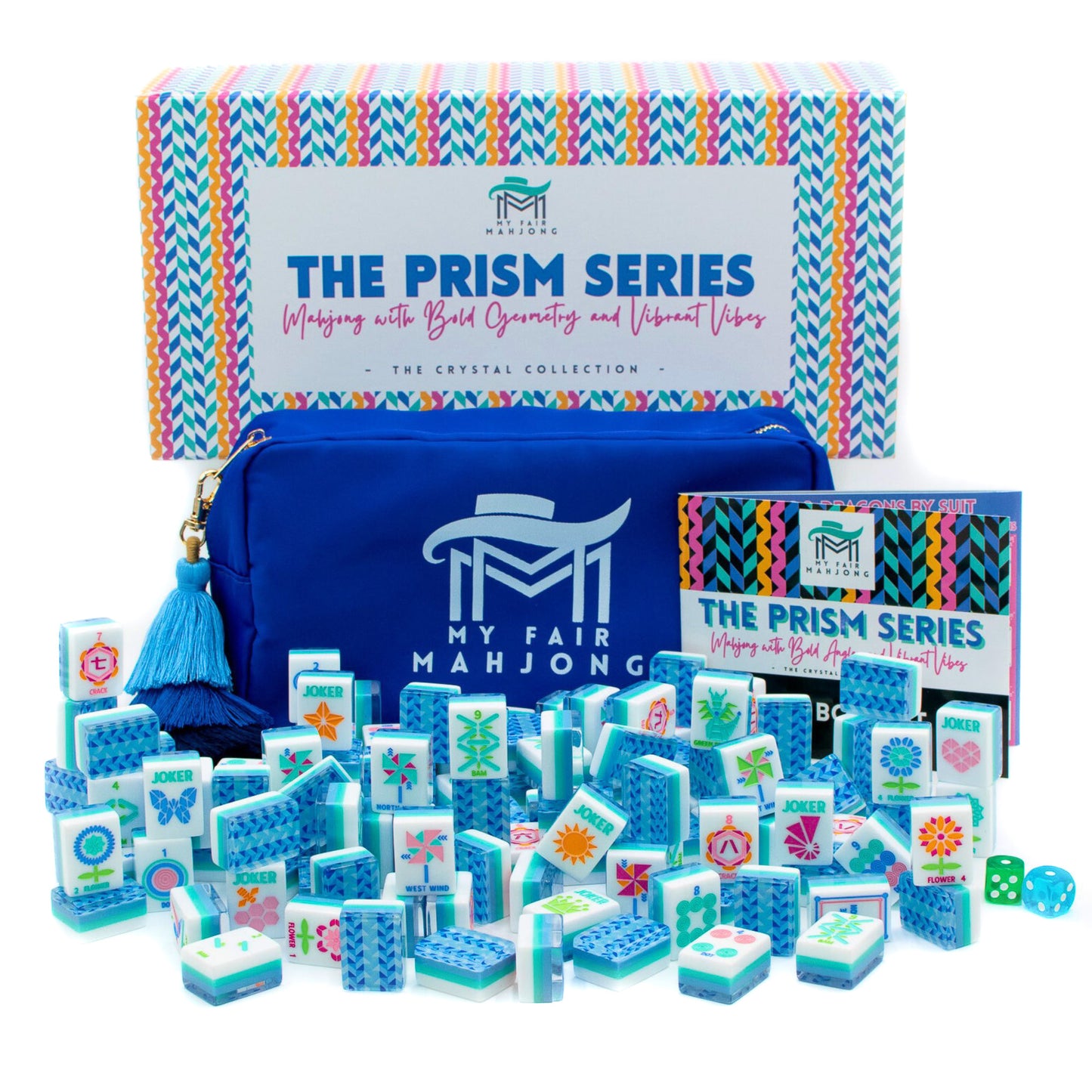 (BACK-ORDER) Crystal Prism Blue | Mahjong with Bold Angles and Vibrant Vibes | Clear Top with Colorful Pattern and Layers