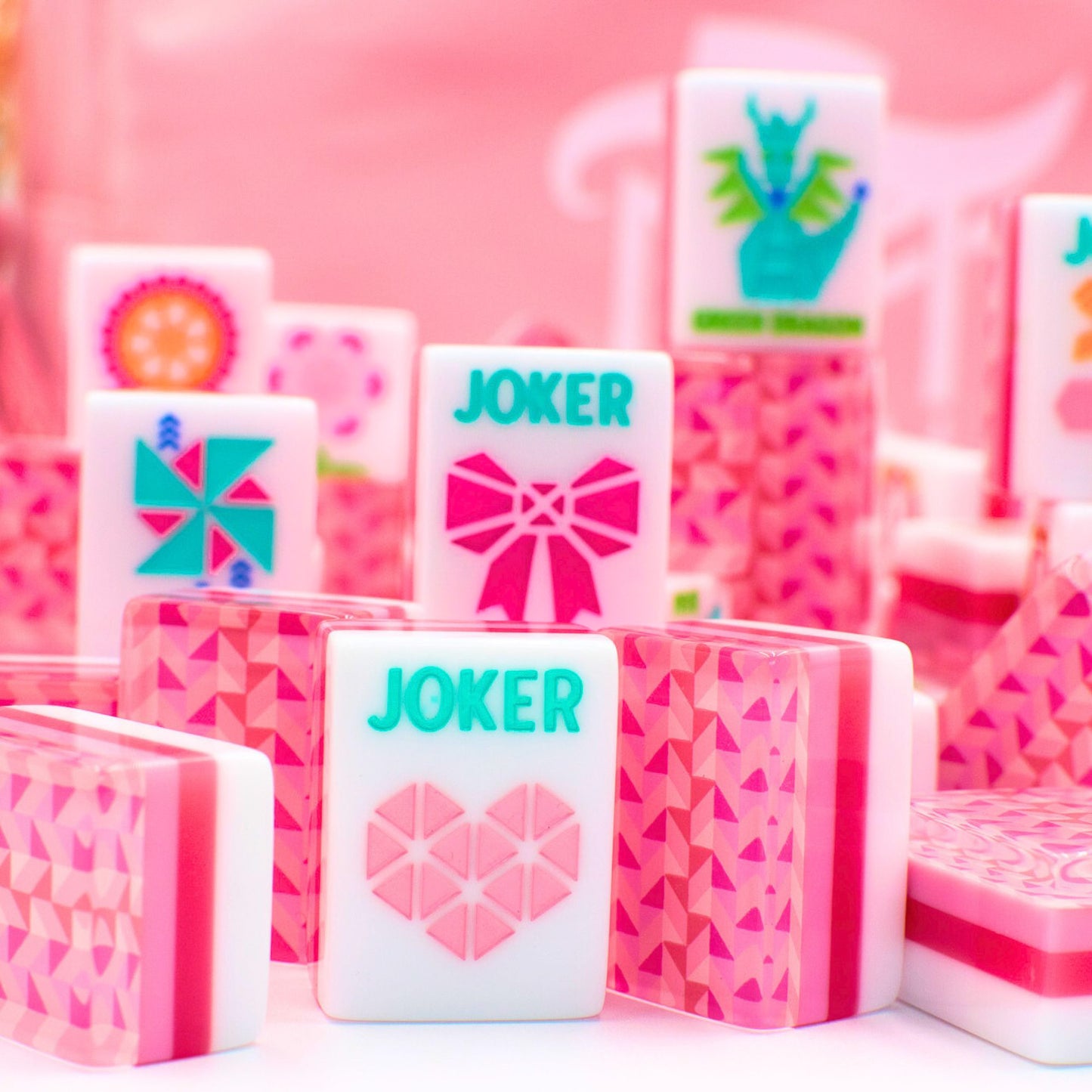 (BACK-ORDER) Crystal Prism Pink | Mahjong with Bold Angles and Vibrant Vibes | Clear Top with Colorful Pattern and Layers