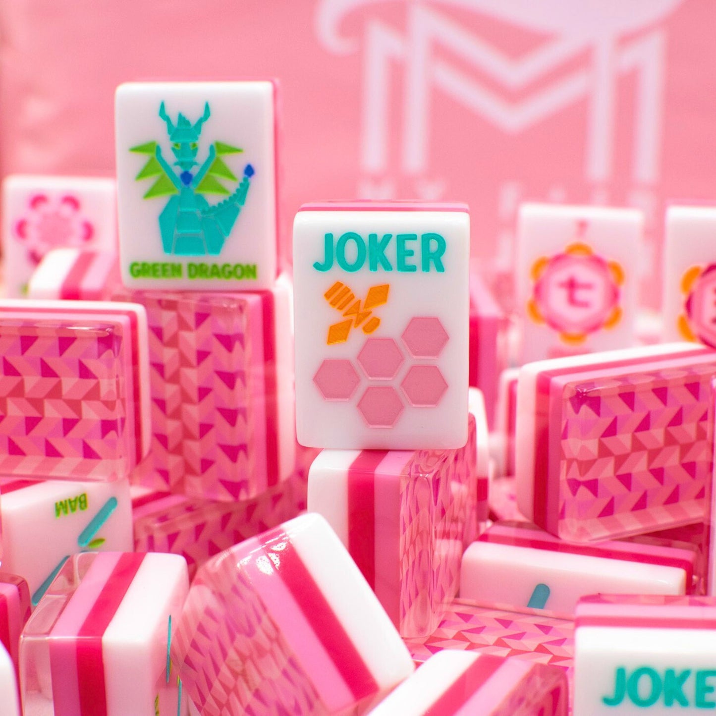 (BACK-ORDER) Crystal Prism Pink | Mahjong with Bold Angles and Vibrant Vibes | Clear Top with Colorful Pattern and Layers