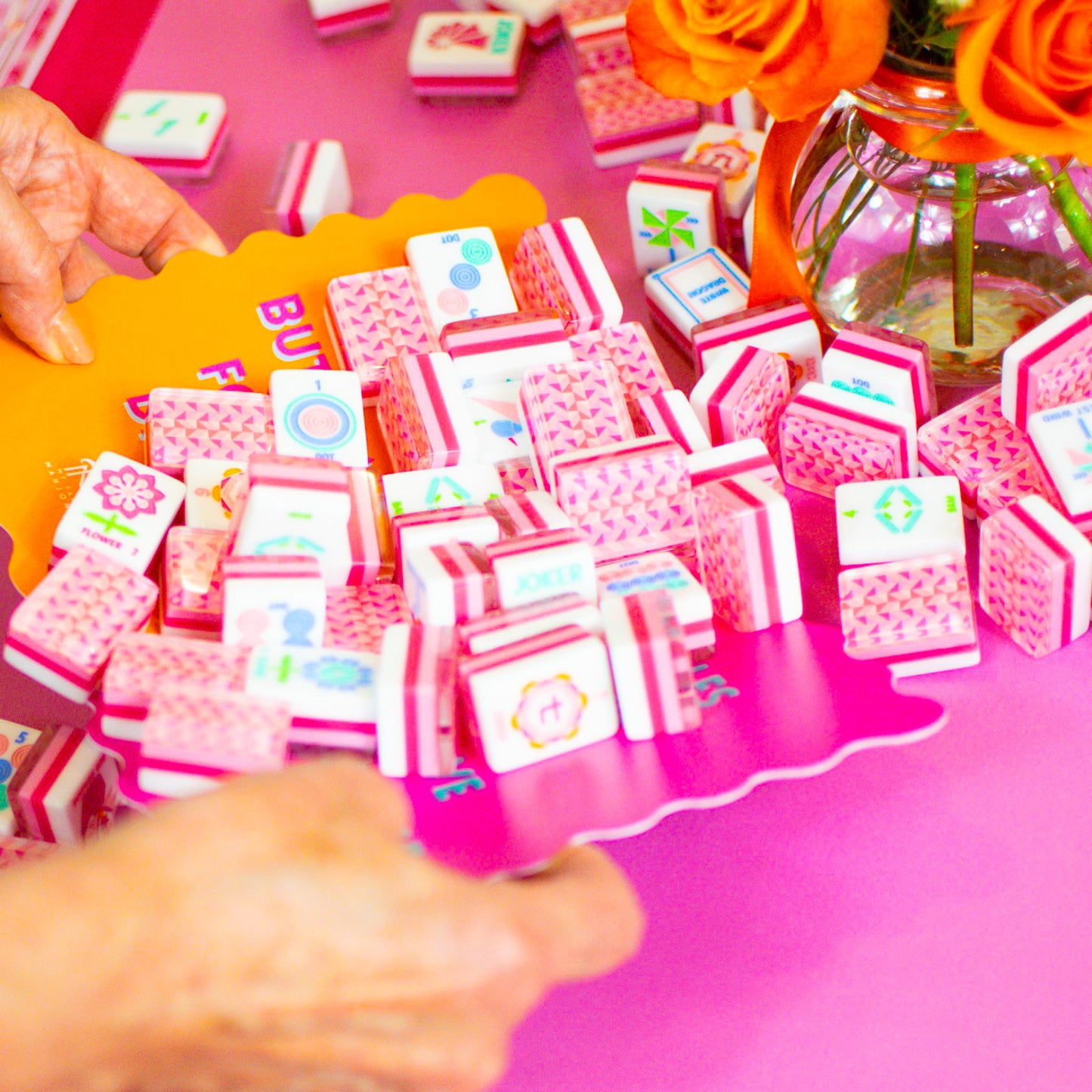 (BACK-ORDER) Crystal Prism Pink | Mahjong with Bold Angles and Vibrant Vibes | Clear Top with Colorful Pattern and Layers