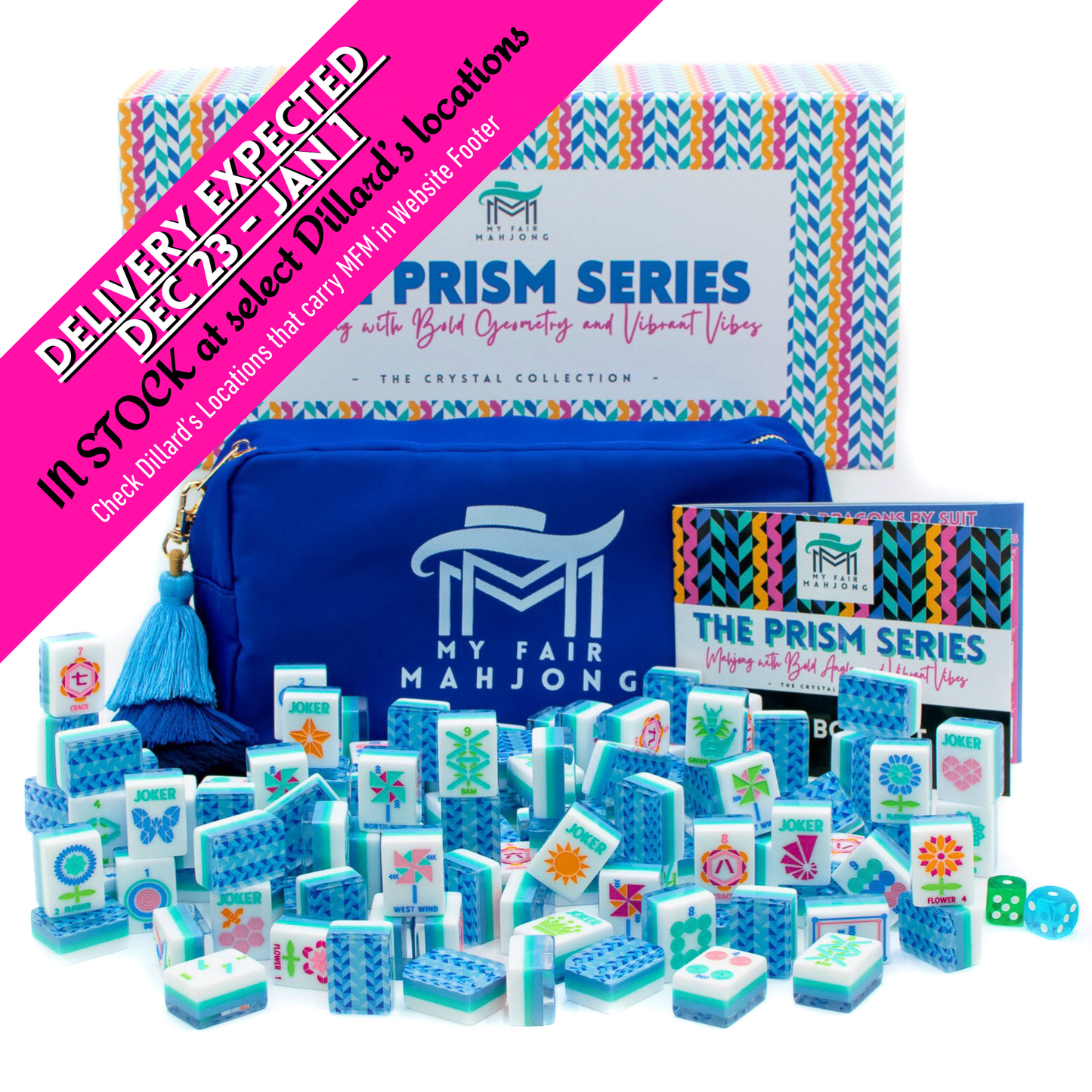 (BACK-ORDER) Crystal Prism Blue | Mahjong with Bold Angles and Vibrant Vibes | Clear Top with Colorful Pattern and Layers