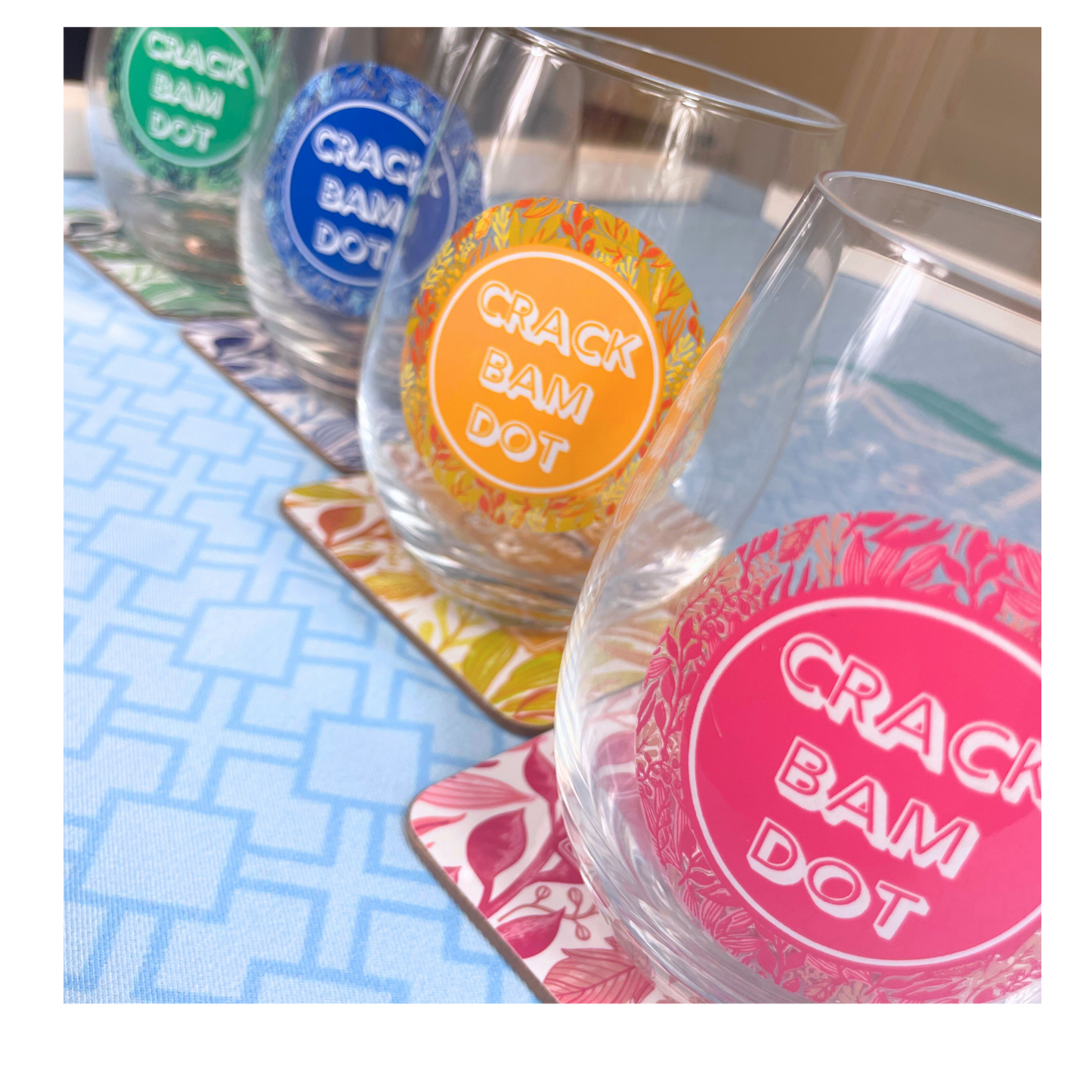 Mahjong Stemless Wine Glasses (18oz) | Set of 4 | Nature Pattern | Mahjongg Joy in a Cup | Great Cocktail Gift for Mahj Game Night, Party Crack Bam Dot