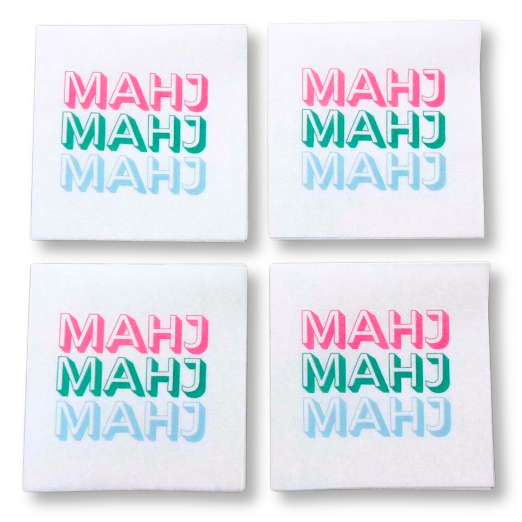 Colorful Unique Mahjong cocktail napkins- set of 50-  with pink green and blue word Mahj - airlaid technology - luxury eco friendly disposable napkins for Mah Jongg parties tournaments game night or mahjongg gift.