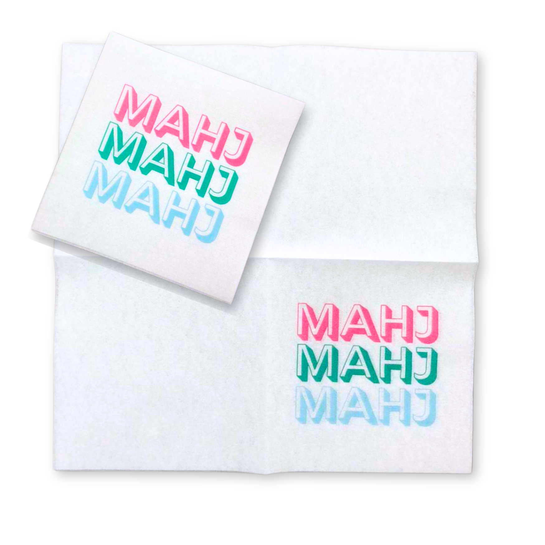 Colorful Unique Mahjong cocktail napkins- set of 50-  with pink green and blue word Mahj - airlaid technology - luxury eco friendly disposable napkins for Mah Jongg parties tournaments game night or mahjongg gift.