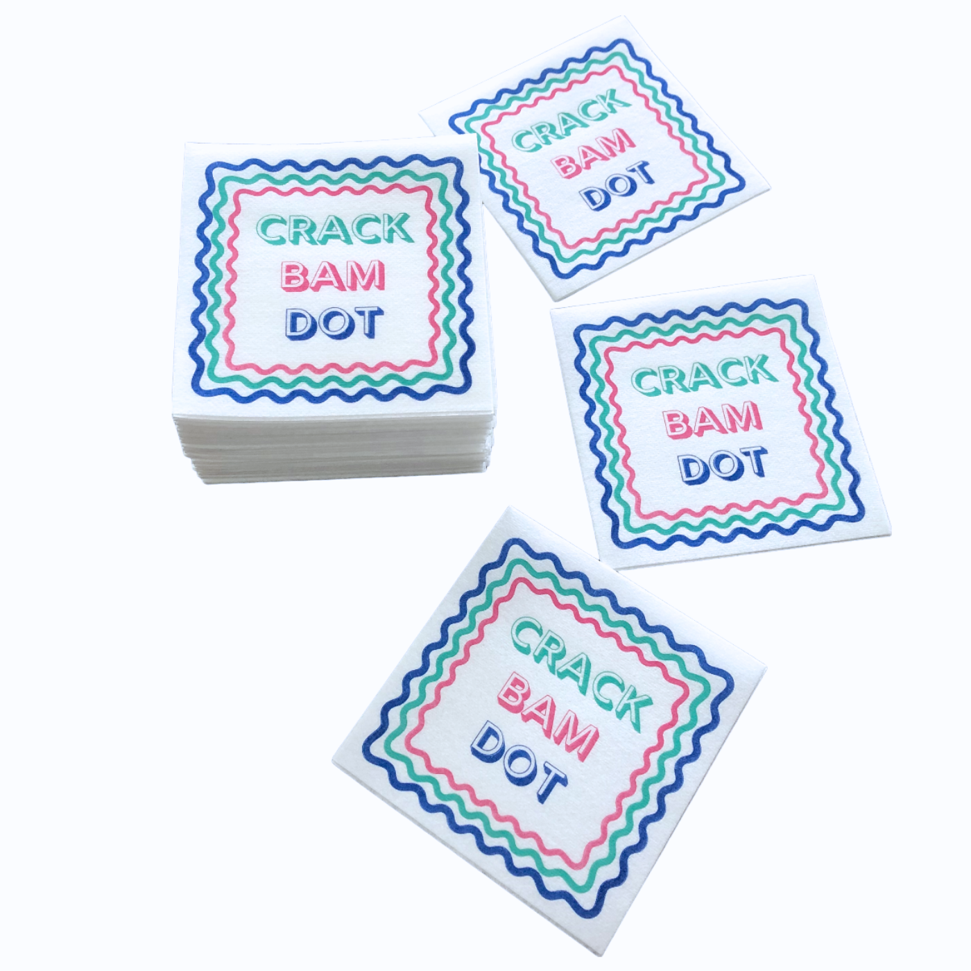 Colorful Unique Mahjong cocktail napkins- set of 50-  with pink green and blue words Crack Bam Dot - airlaid technology - luxury eco friendly disposable napkins for Mah Jongg parties tournaments game night or mahjongg gift.