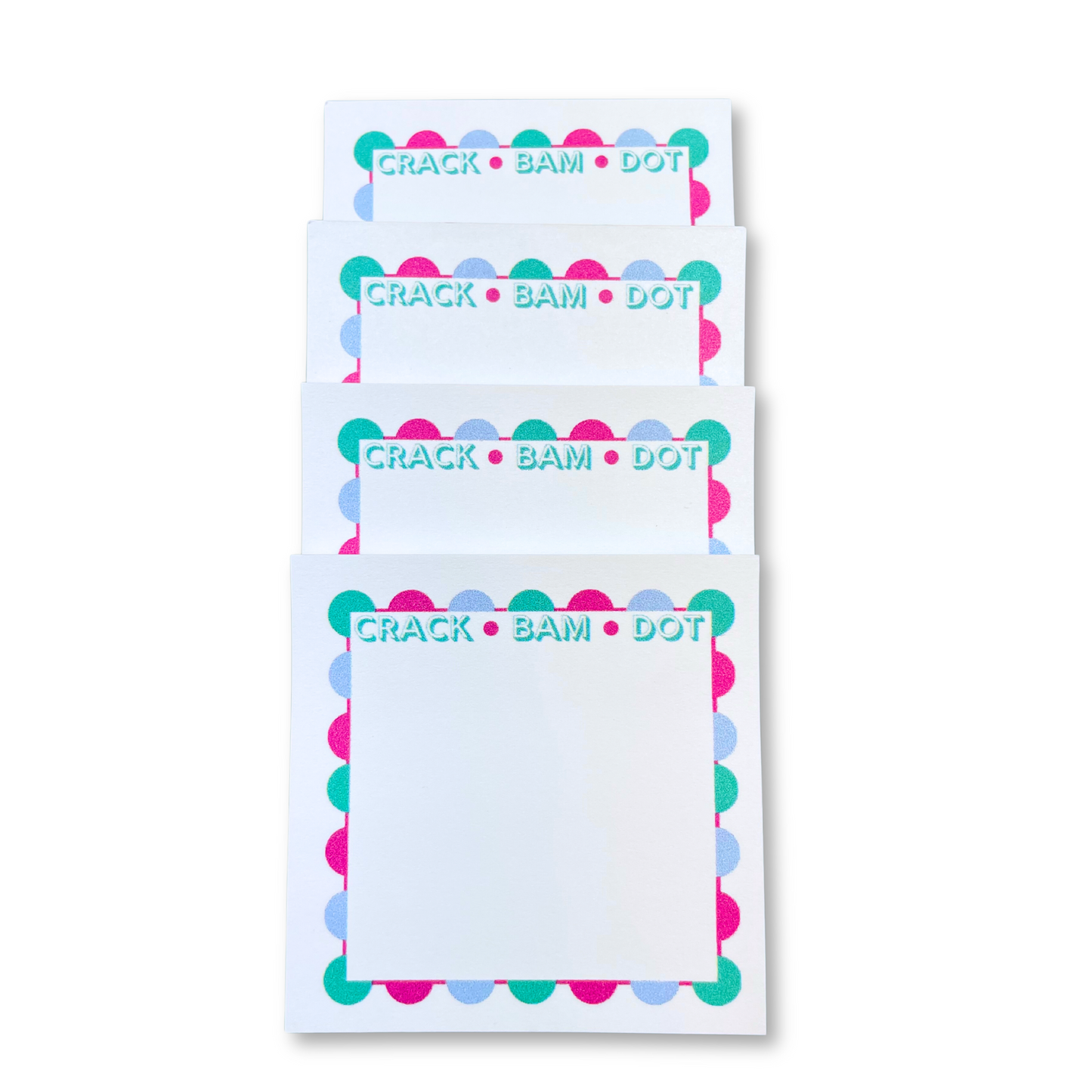 Mahjong Post It Sticky Note Pad pack of 4- Mahjongg notes with Crack Bam Dot in Pink Green and Blue Colorful Design and Border