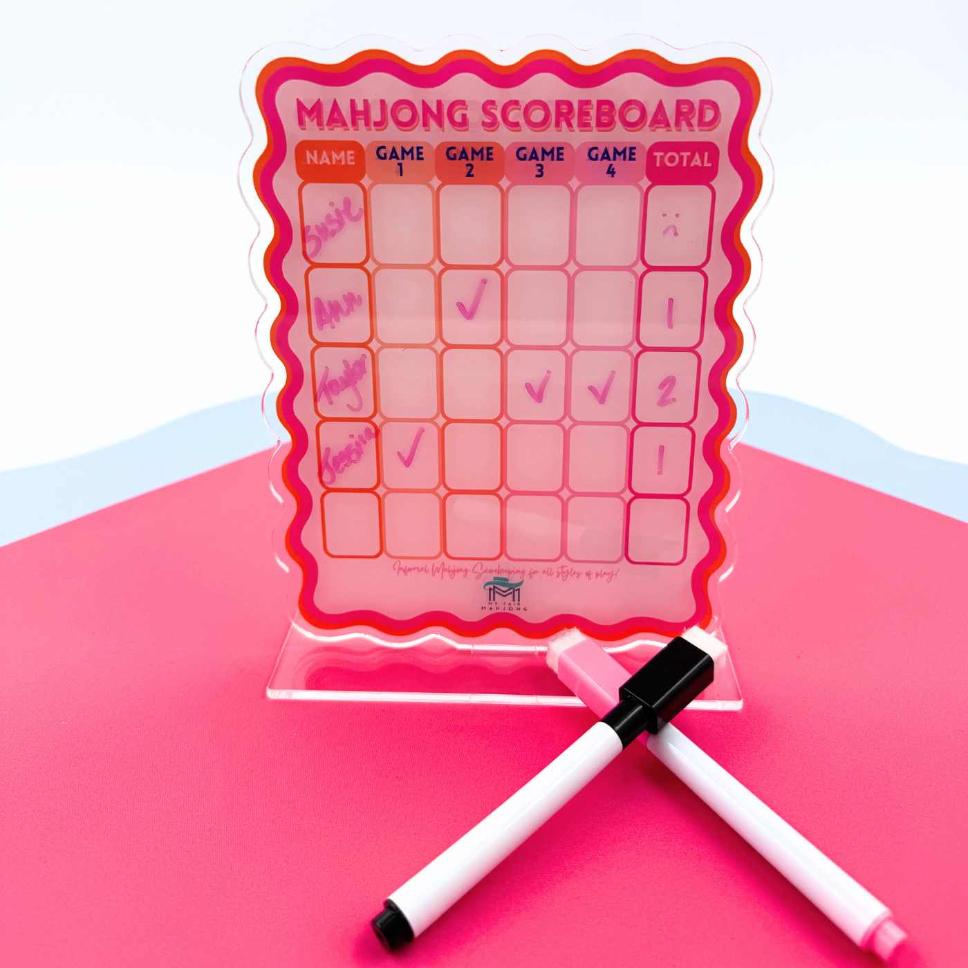 Mahjong Scoreboard to keep score tally coins quarters points for mah jongg pink orange blue green options dry erase (3)