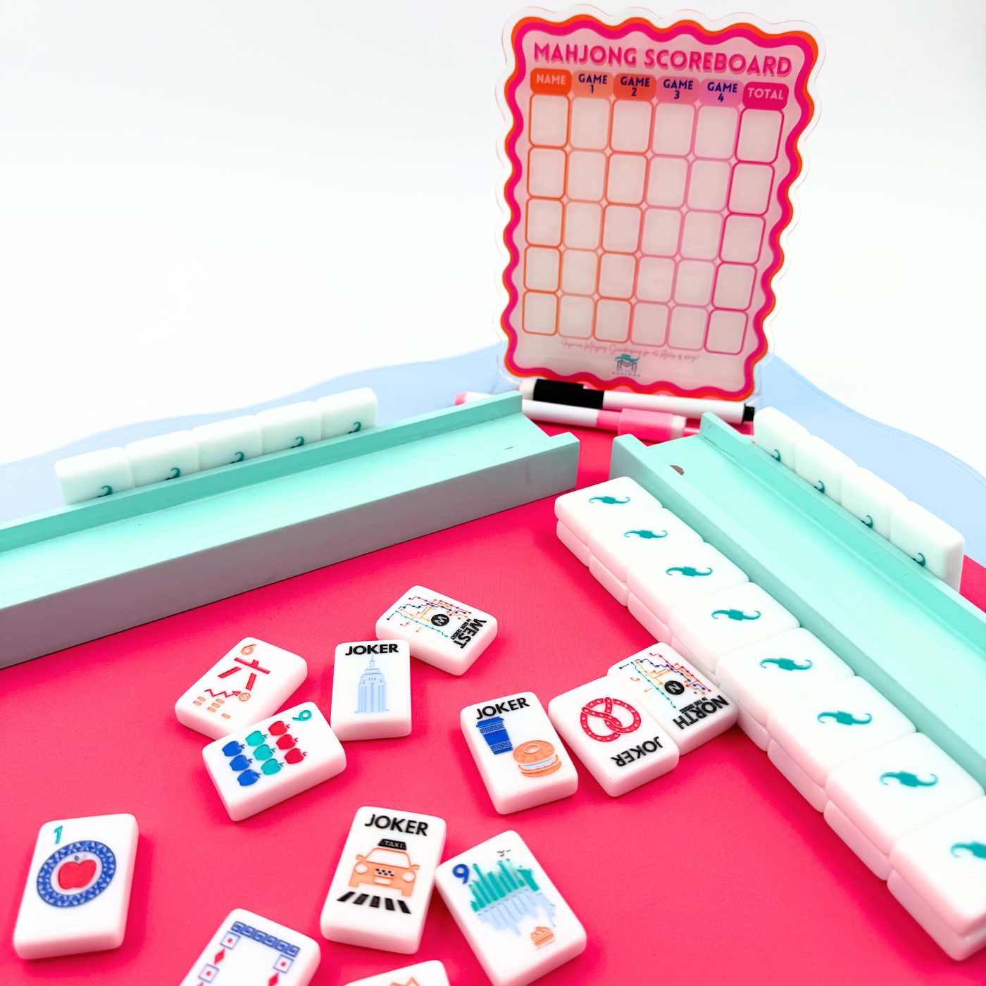 Mahjong Scoreboard to keep score tally coins quarters points for mah jongg pink orange blue green options dry erase (3)