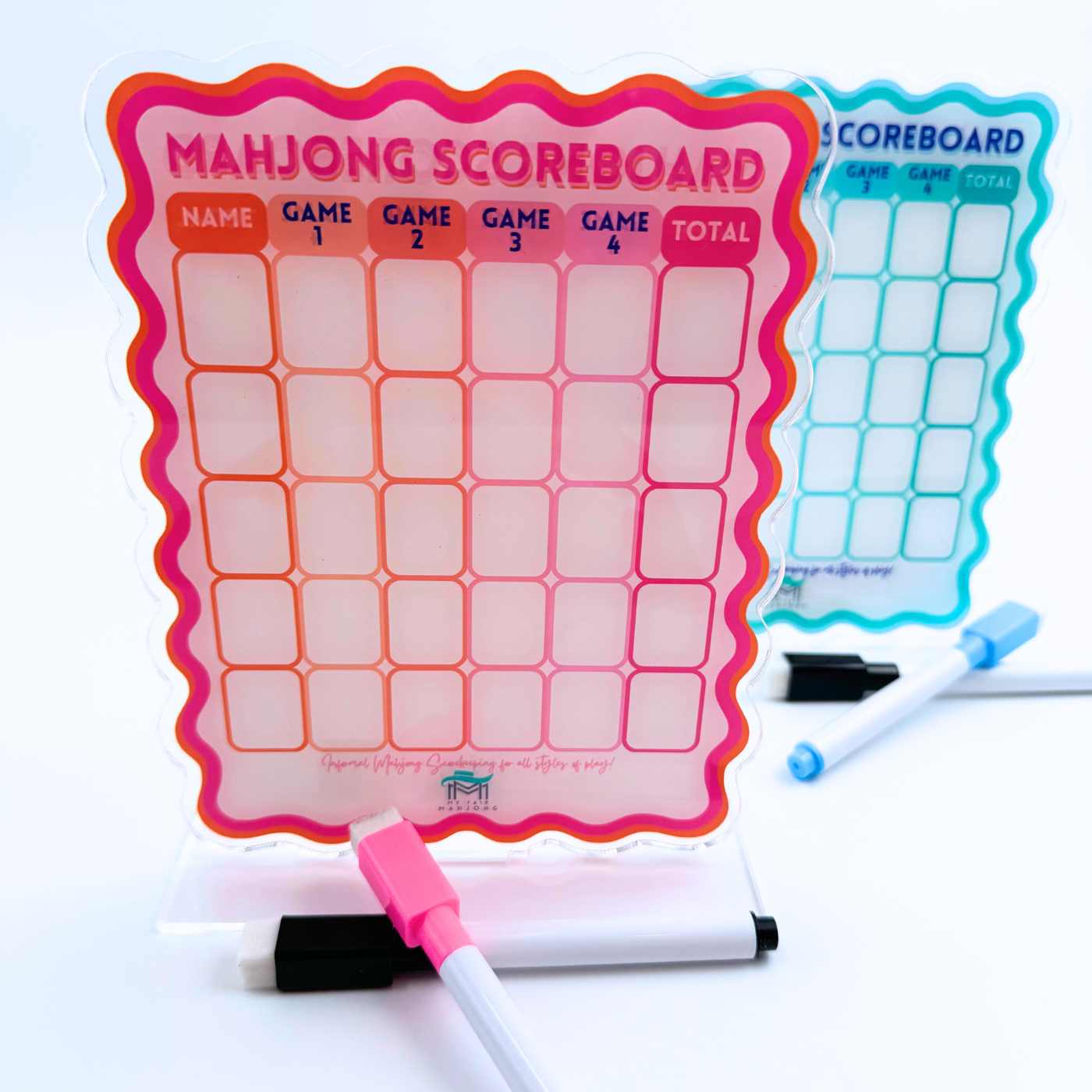 Mahjong Scoreboard to keep score tally coins quarters points for mah jongg pink orange blue green options dry erase (3)