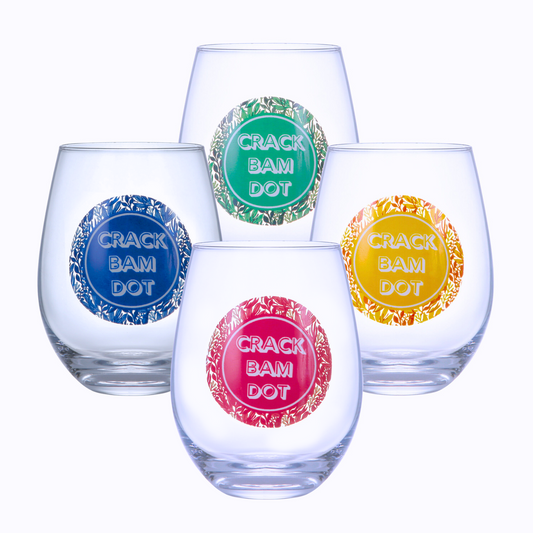 Mahjong Stemless Wine Glasses (18oz) | Set of 4 | Nature Pattern | Mahjongg Joy in a Cup | Great Cocktail Gift for Mahj Game Night, Party Crack Bam Dot