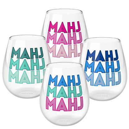 Mahjong Wine glasses Set of 4 Mahjongg Gift for MAHJ Party Game Tiles-Crack Bam Dot-Bright Colors Pink Blue Yellow Green Colors