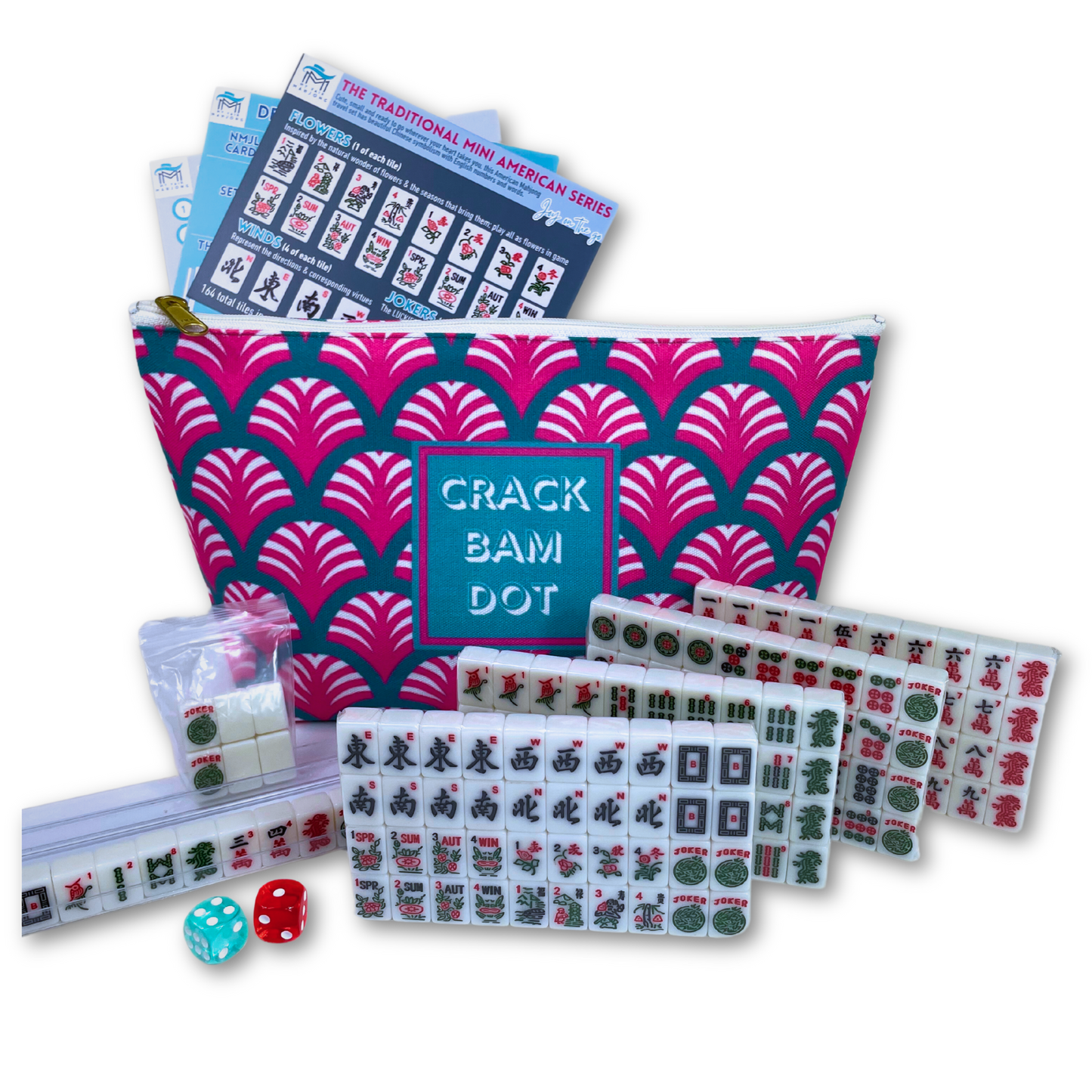 Mahjong Traditional Mini American Series Travel American Mahjongg Tile Set of 166 melamine white tiles, bright pink and teal bag, custom instruction and tips card, 2 colorful dice